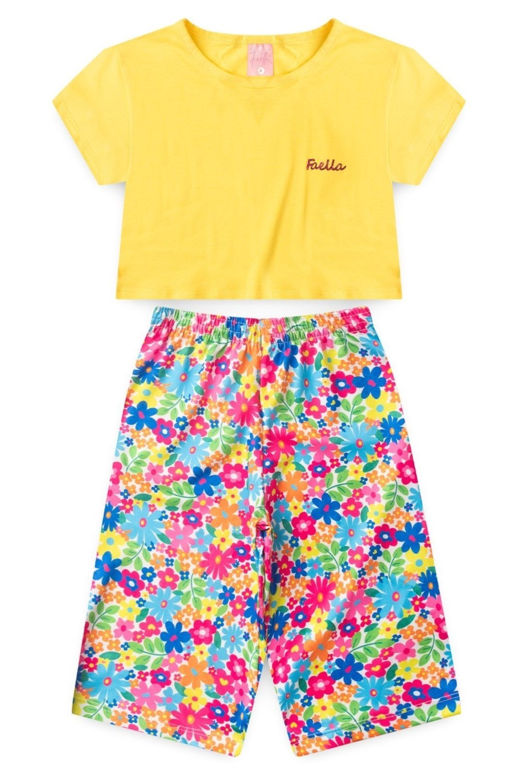 Vista 3 Infantil - Conjunto Verão Feminino Pantalona Faella Florido - Amarelo Mega Kids unico Mega Kids unico
