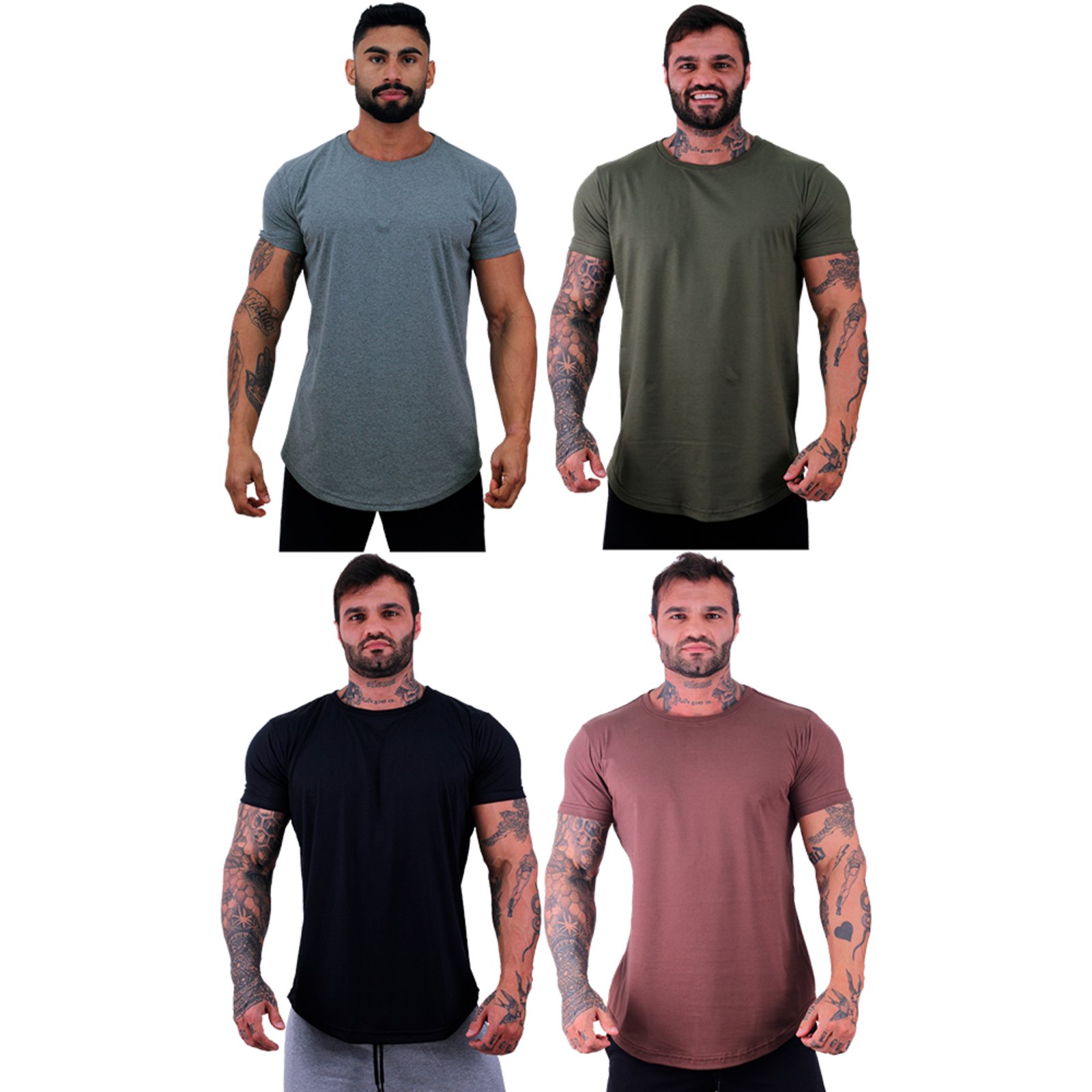 Kit 4 Camiseta Longline Masculina Alto Conceito Slim Mescla Escuro, Verde Militar, Preto e Cacau