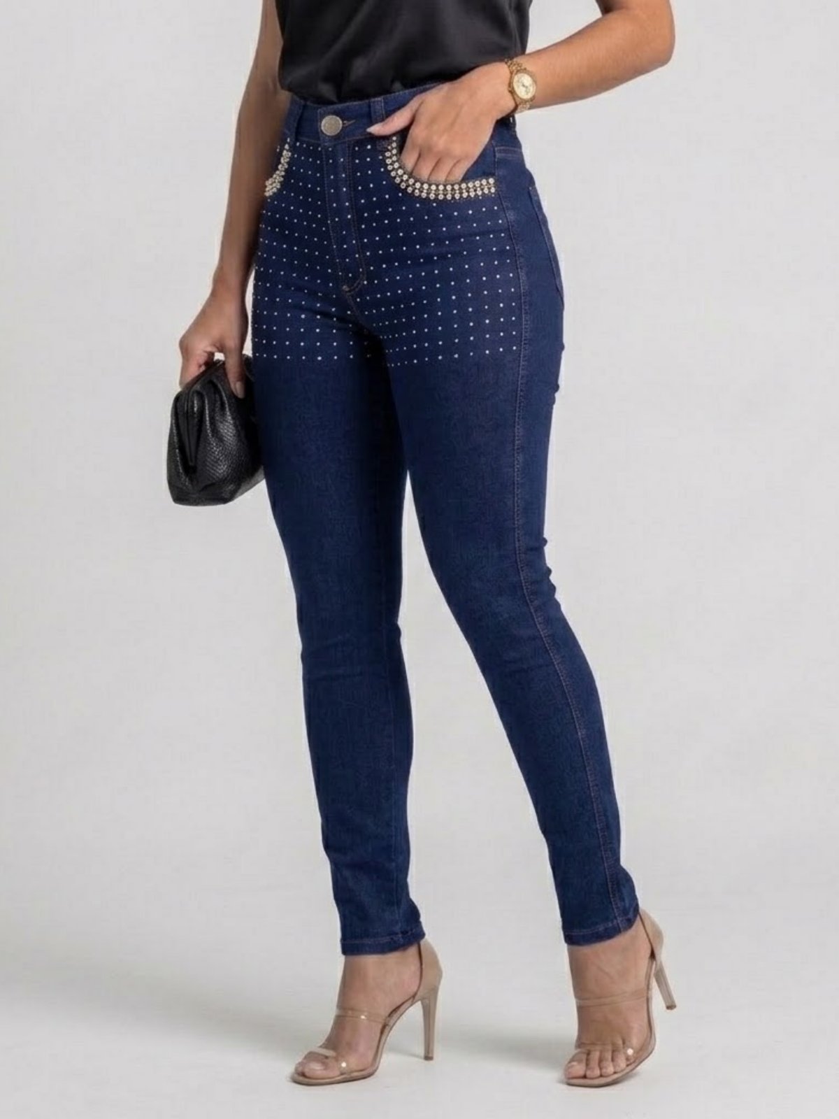 Calça Feminina Skinny Jeans Escuro Azul Justa com Pocket Strass