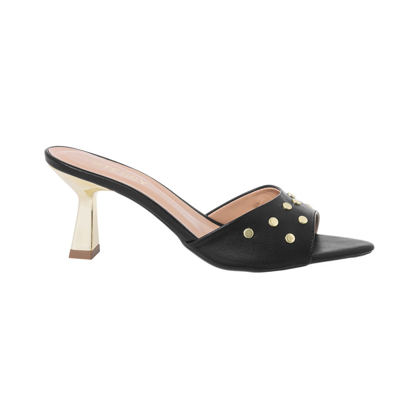 Tamanco Feminino Mule Stessy Bico Folha Salto Taça Cromado Tachas Preto