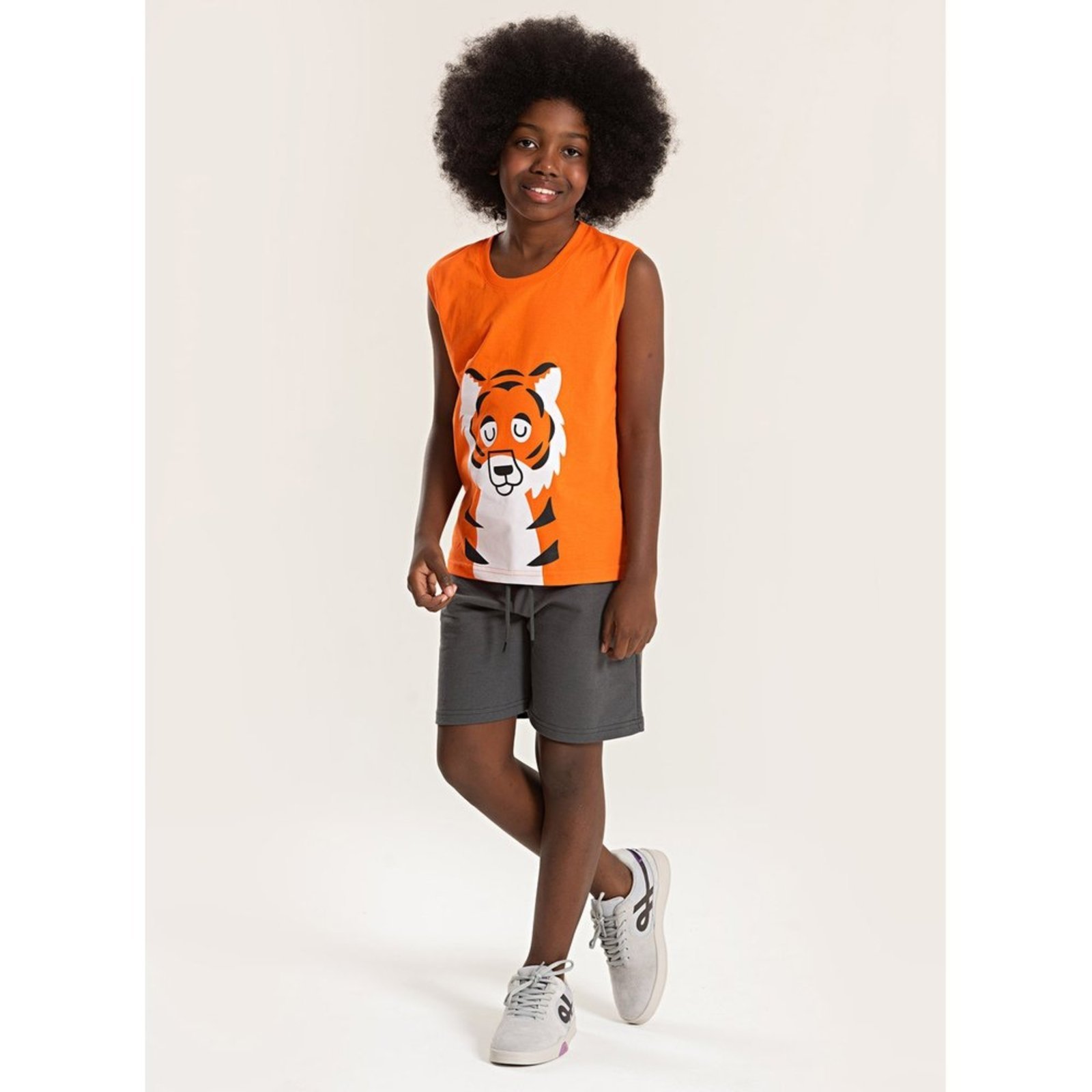 Infantil – Conjunto Molekada Verão Menino Laranja Regata e Bermuda Tigre