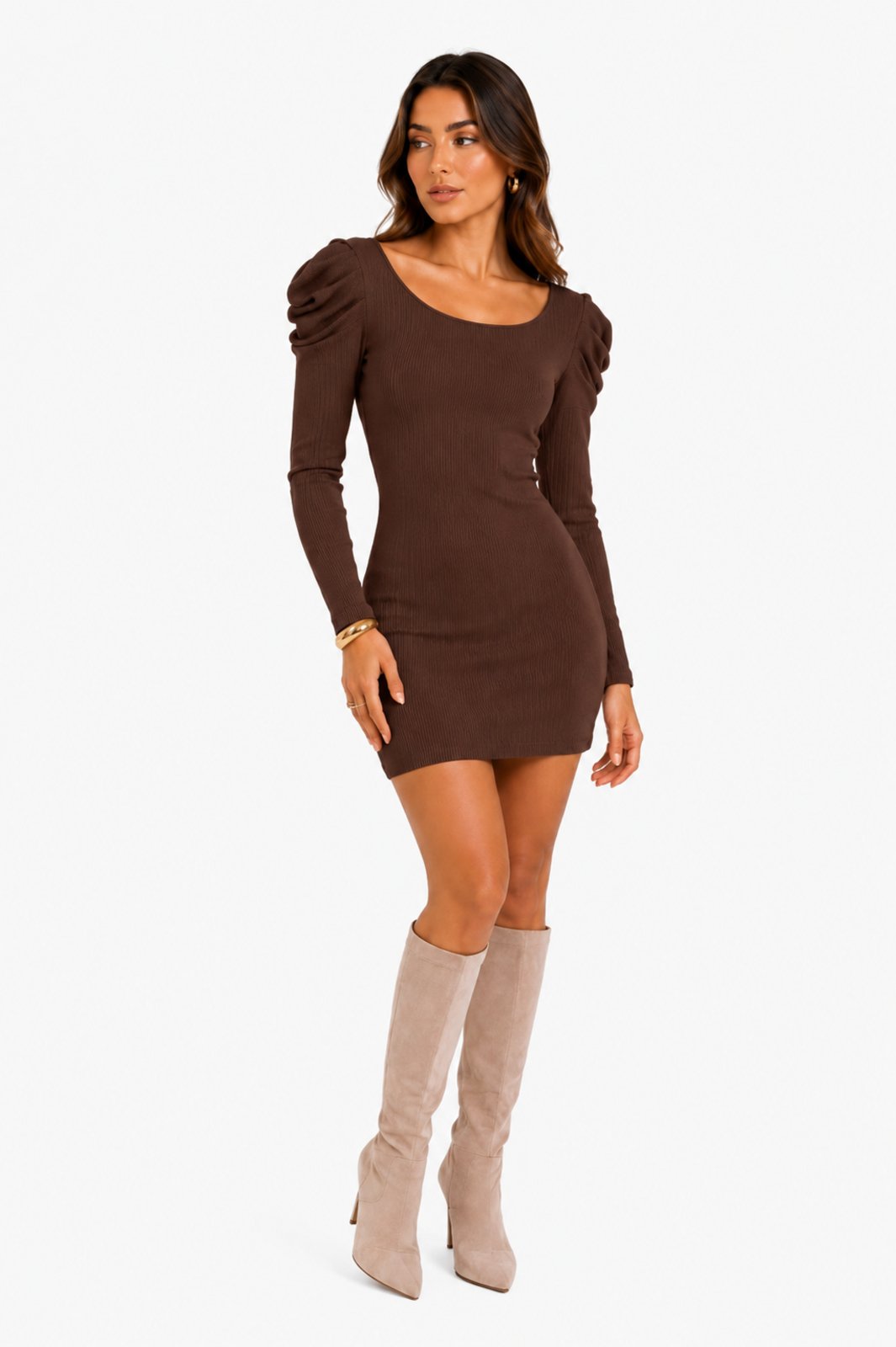 Vestido Curto D Bell Outlet Fashion Canelado Ombro Bufante Marrom