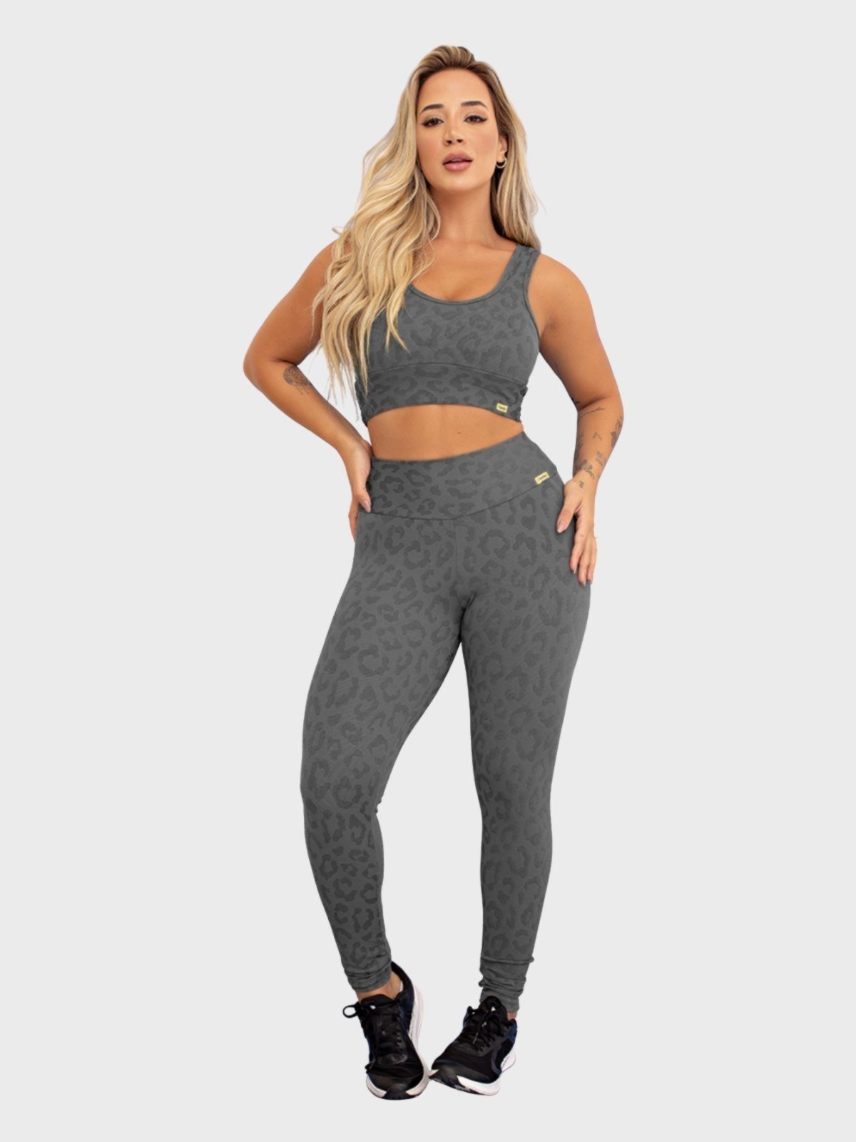 Conjunto Fitness Tarelles Top Calça Legging Textura Onça Cinza
