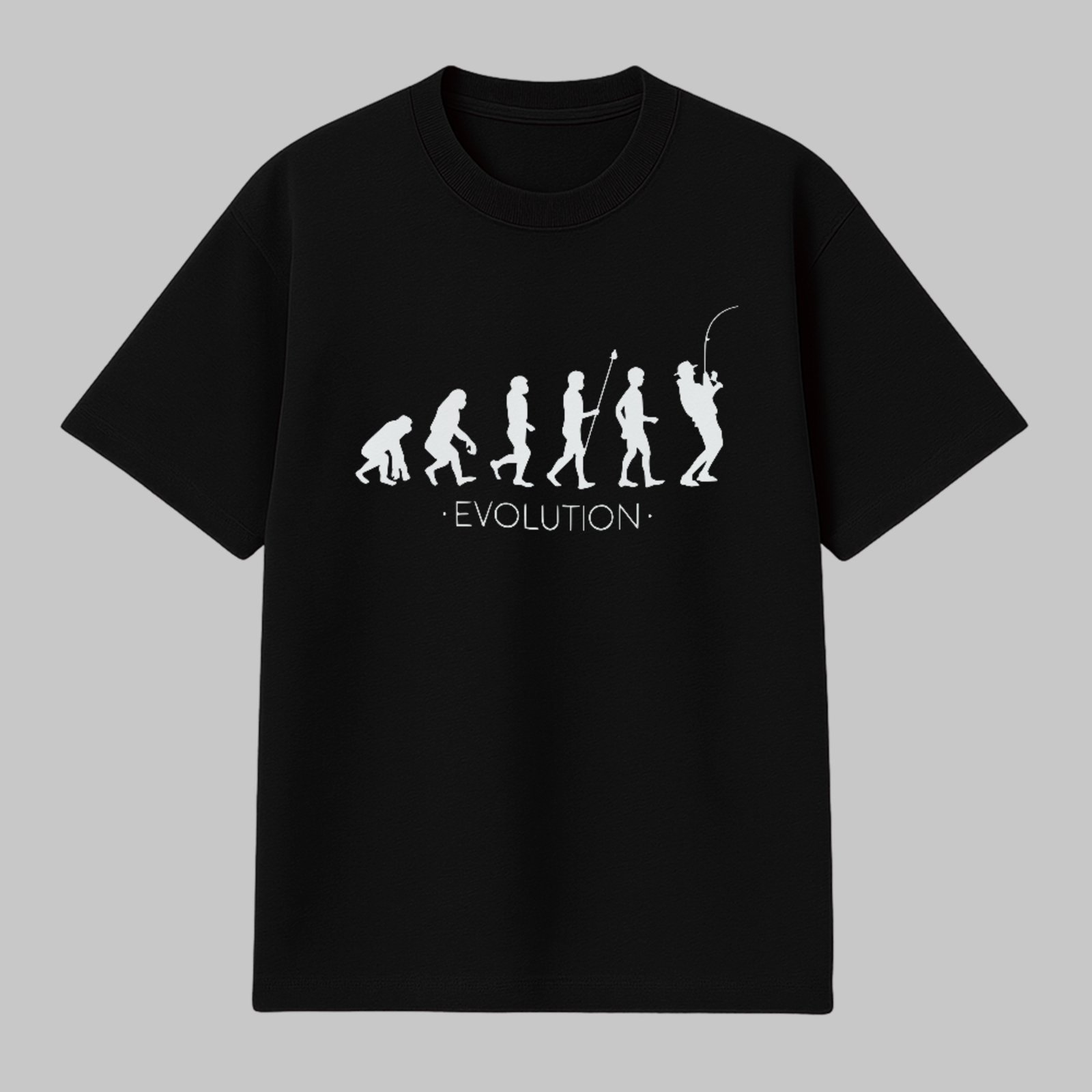 Camiseta Básica Evolução Do Homem Pescaria Estilo Geek Preto