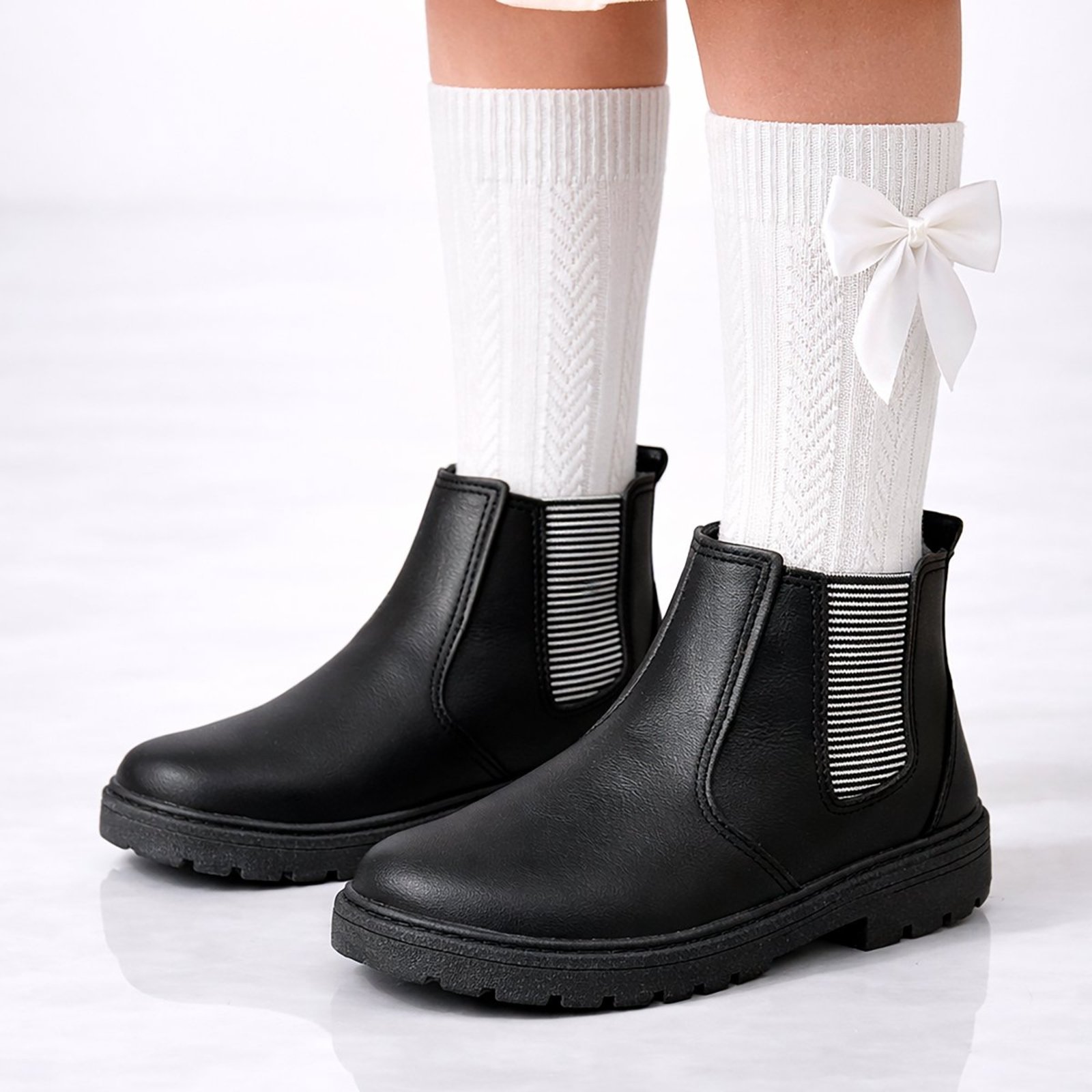 Infantil - Kit Bota Menina e Meia Cano Alto Quentinha Botinha Feminina Preto Listrada Pepite