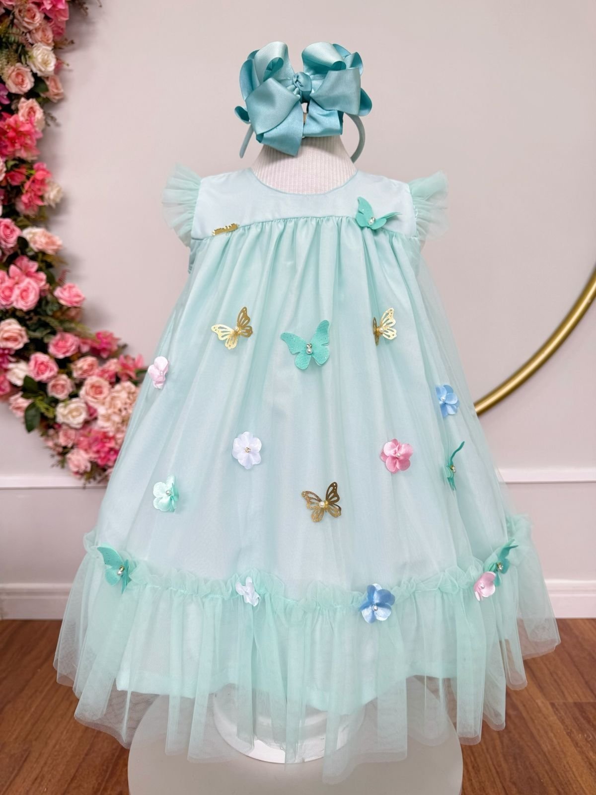 Infantil - Vestido Festa Verde Claro Menta Água Piscina Jardim das Borboletas Florista Casamento Dama Daminha Social Menina Pérolas Princesa Rodado Aniversário Luxo