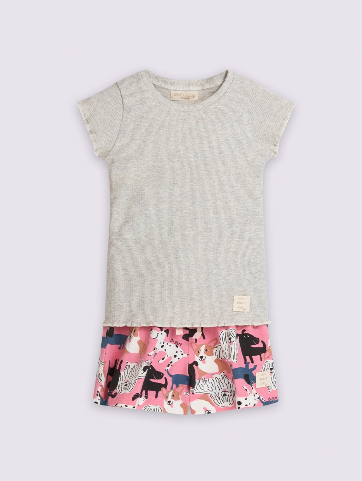 Vista 2 Infantil - Conjunto Menina Bugbee Blusa Lisa Gola Redonda Manga Curta Ribana e Shorts Molecotton Mescla Banana cinza/estampado Bugbee cinza/estampado