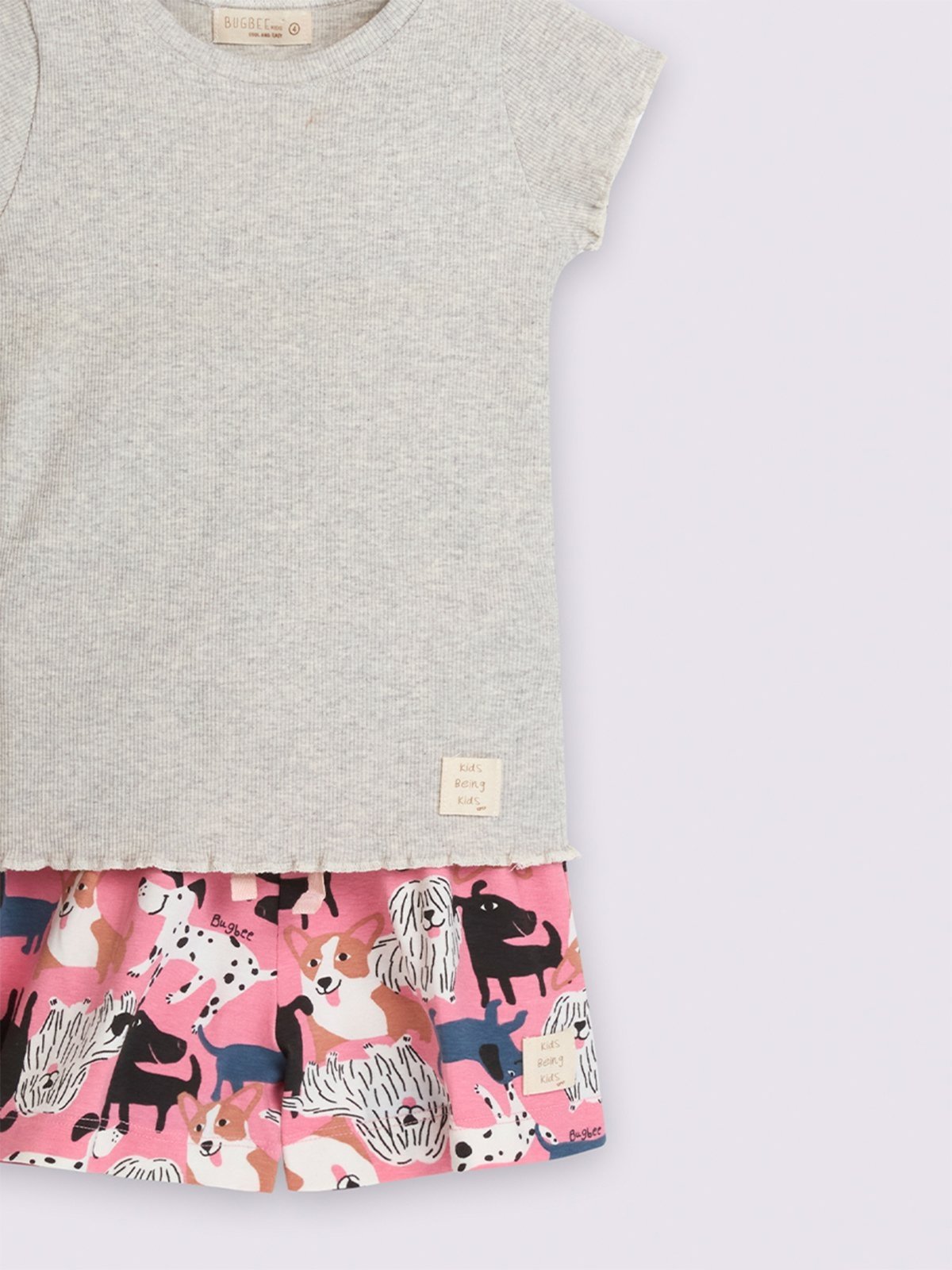 Vista 3 Infantil - Conjunto Menina Bugbee Blusa Lisa Gola Redonda Manga Curta Ribana e Shorts Molecotton Mescla Banana cinza/estampado Bugbee cinza/estampado