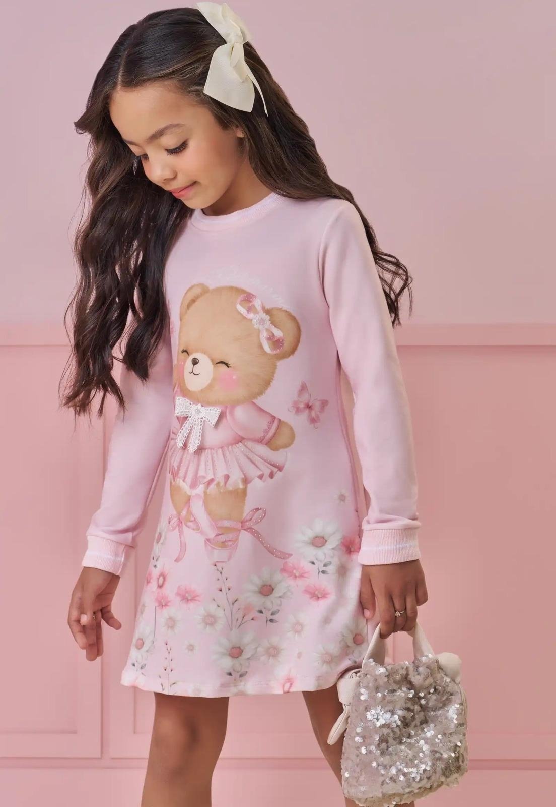 Infantil - Vestido Manga Longa Urso Flores Kukiê 1 Unico
