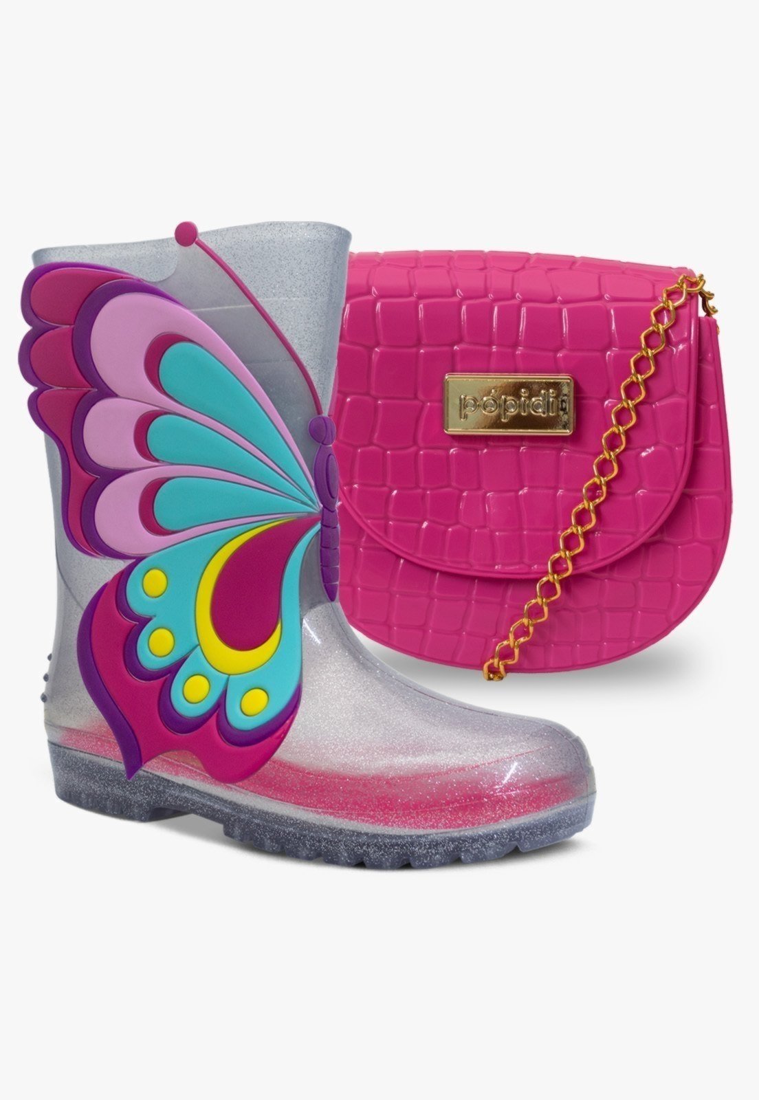 Infantil – Kit Bolsa e Bota Galocha Feminina Pópidi Menina Borboleta Glitter Prata e Pink
