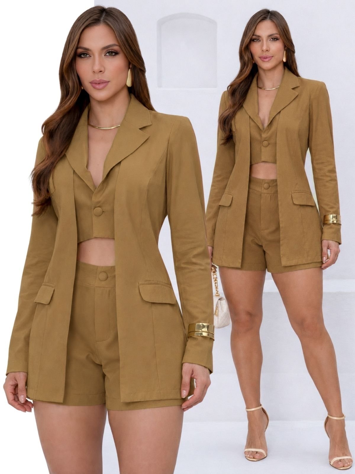 Conjunto Feminino Divina Gata Blazer Colete Duplo Shorts Curto Elegante Casual – Verde Tanqueray