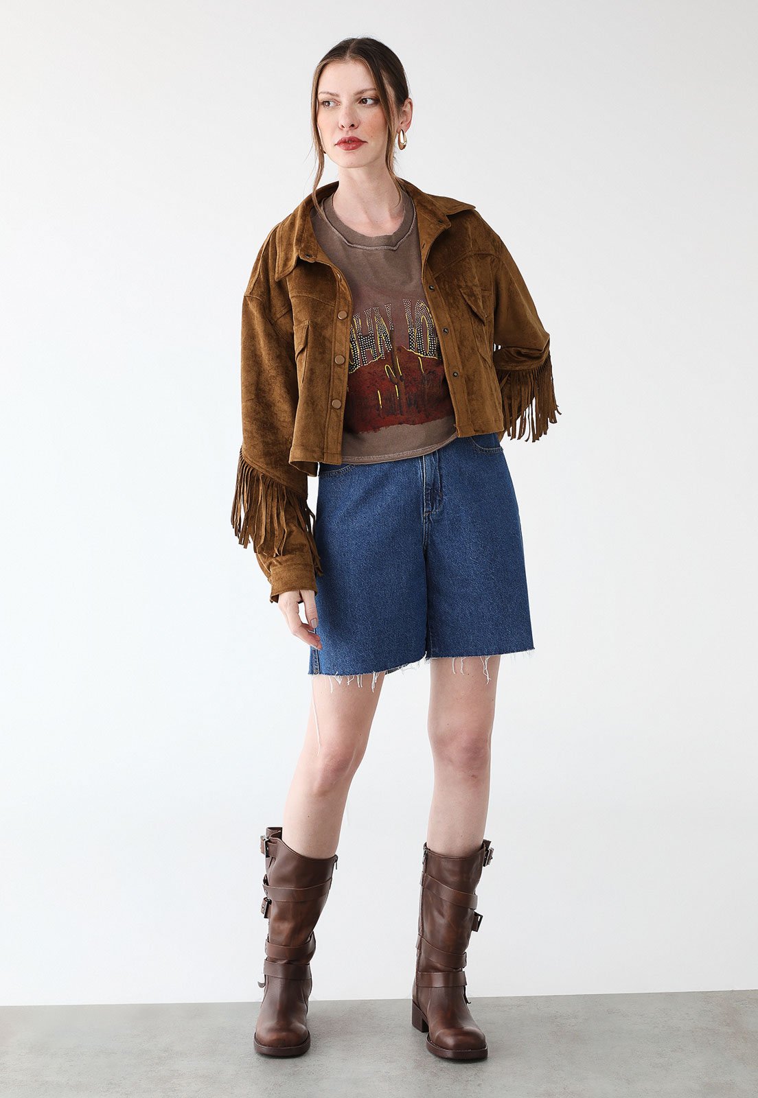 Camiseta Cropped John John Logo Marrom