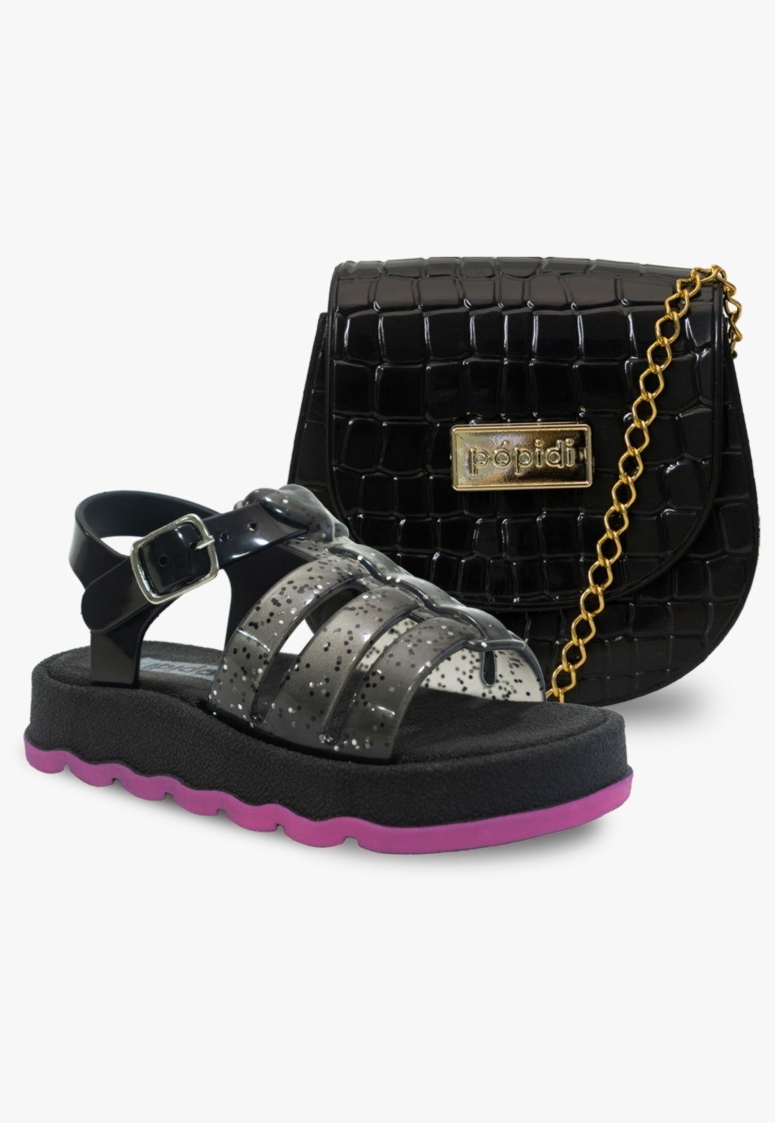 Infantil – Kit Bolsa e Sandália Juvenil Menina Pópidi Glitter Preto