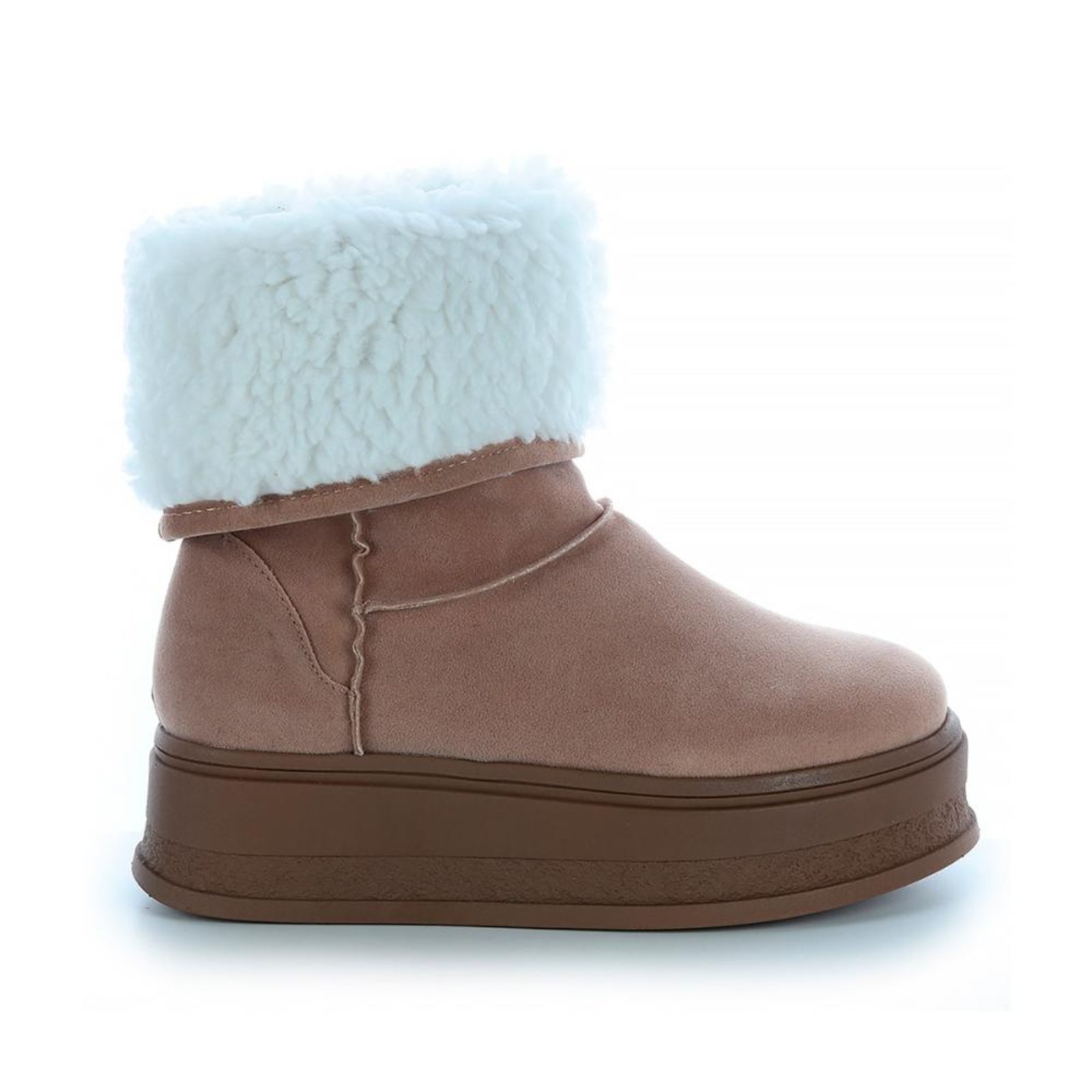 Bota de Pelos Forrada Damannu Shoes Salto Plataforma Cano Médio Bege com Branco