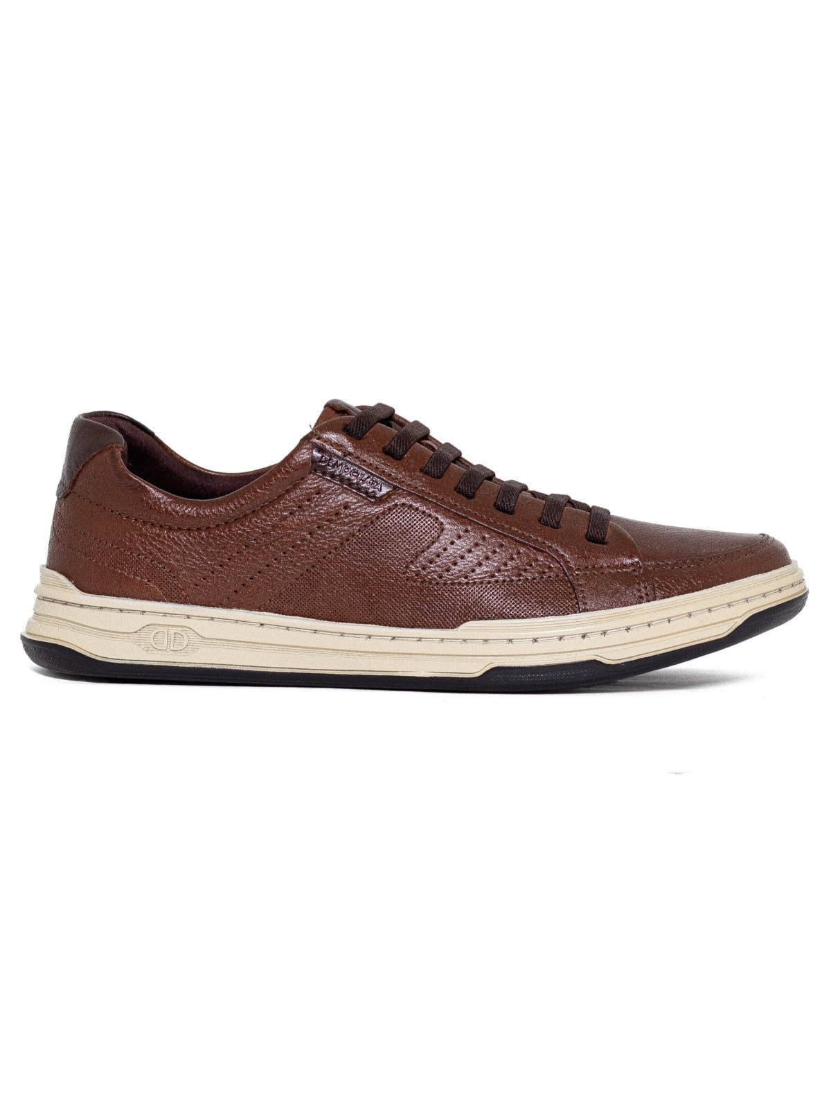 Tênis Masculino Democrata Denim Jay Casual Couro Cadarço Elástico Conforto Marrom Conhaque