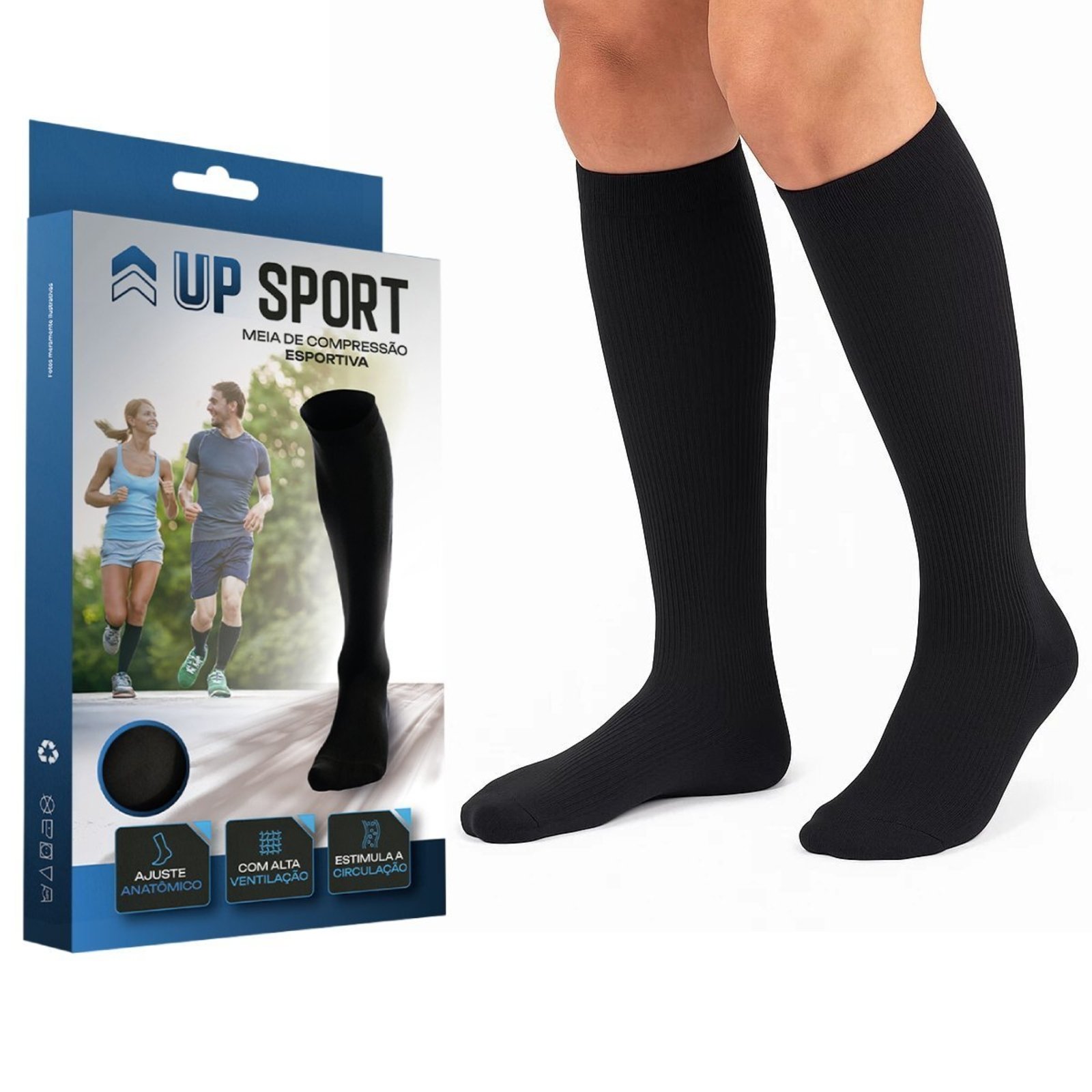 Meia de Compressão 3/4 Fitness Up QLC Sports Esportiva Preto