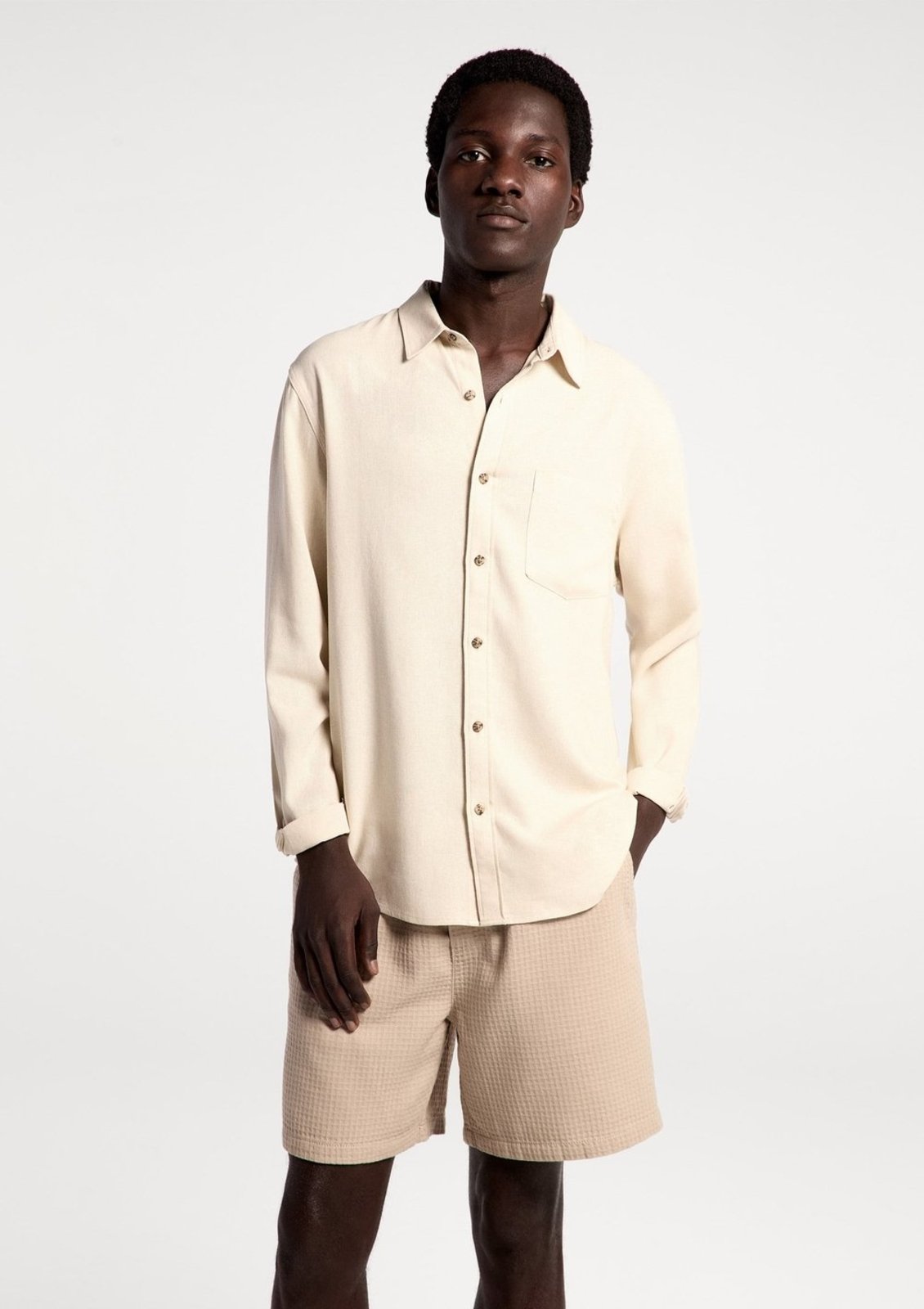 Camisa Básica Masculina Manga Longa Slim Em Linho - Bege XXG