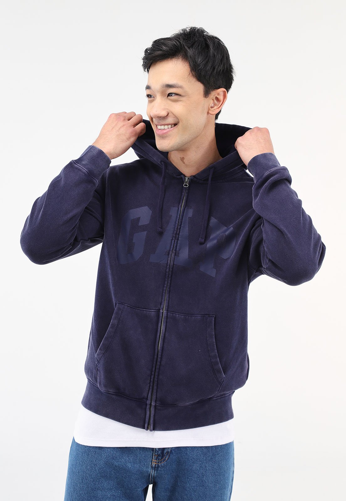 Blusa de Moletom Flanelada Aberta GAP com Capuz Logo Azul-Marinho