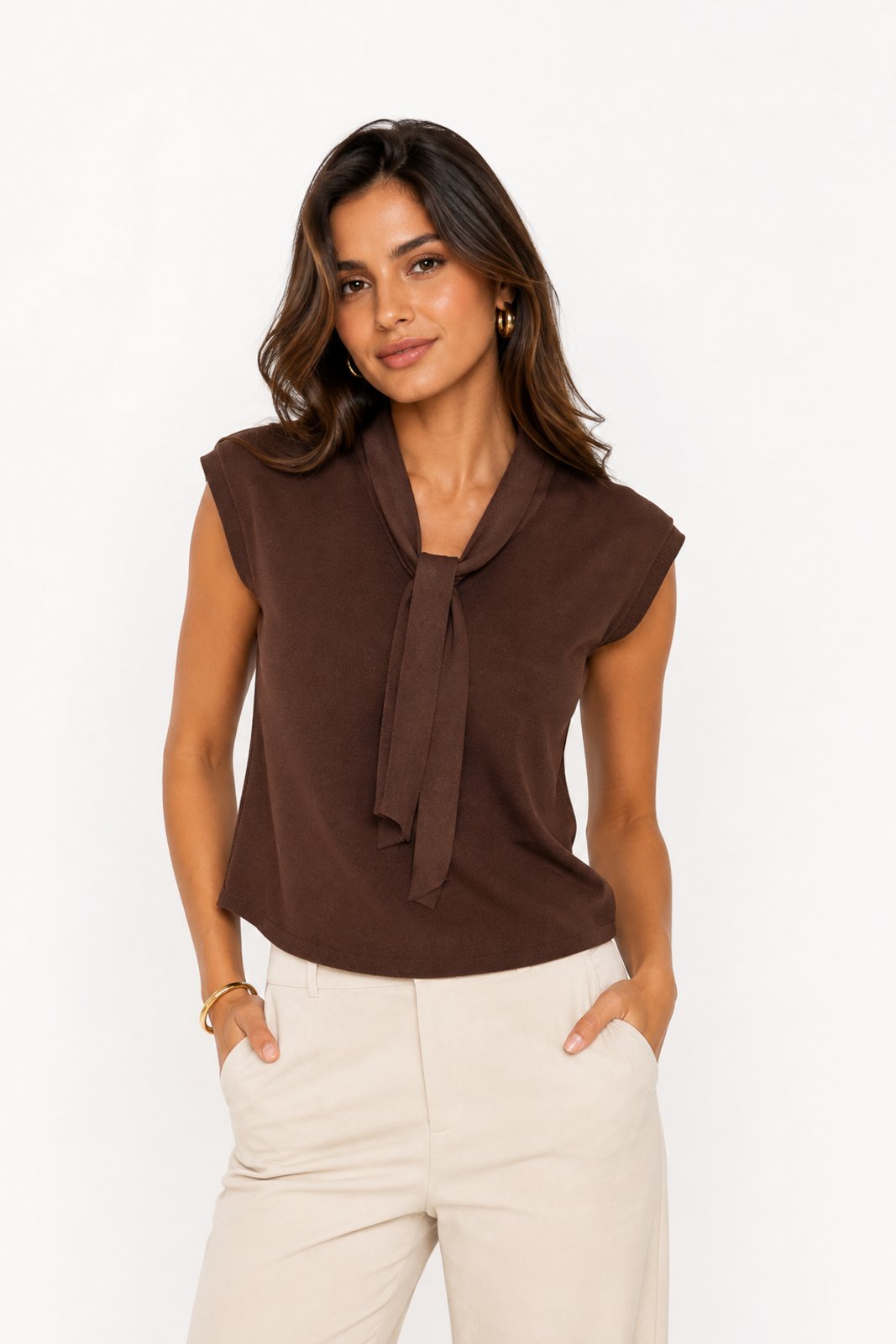 Blusa Decote Laço D Bell Outlet Fashion Marrom