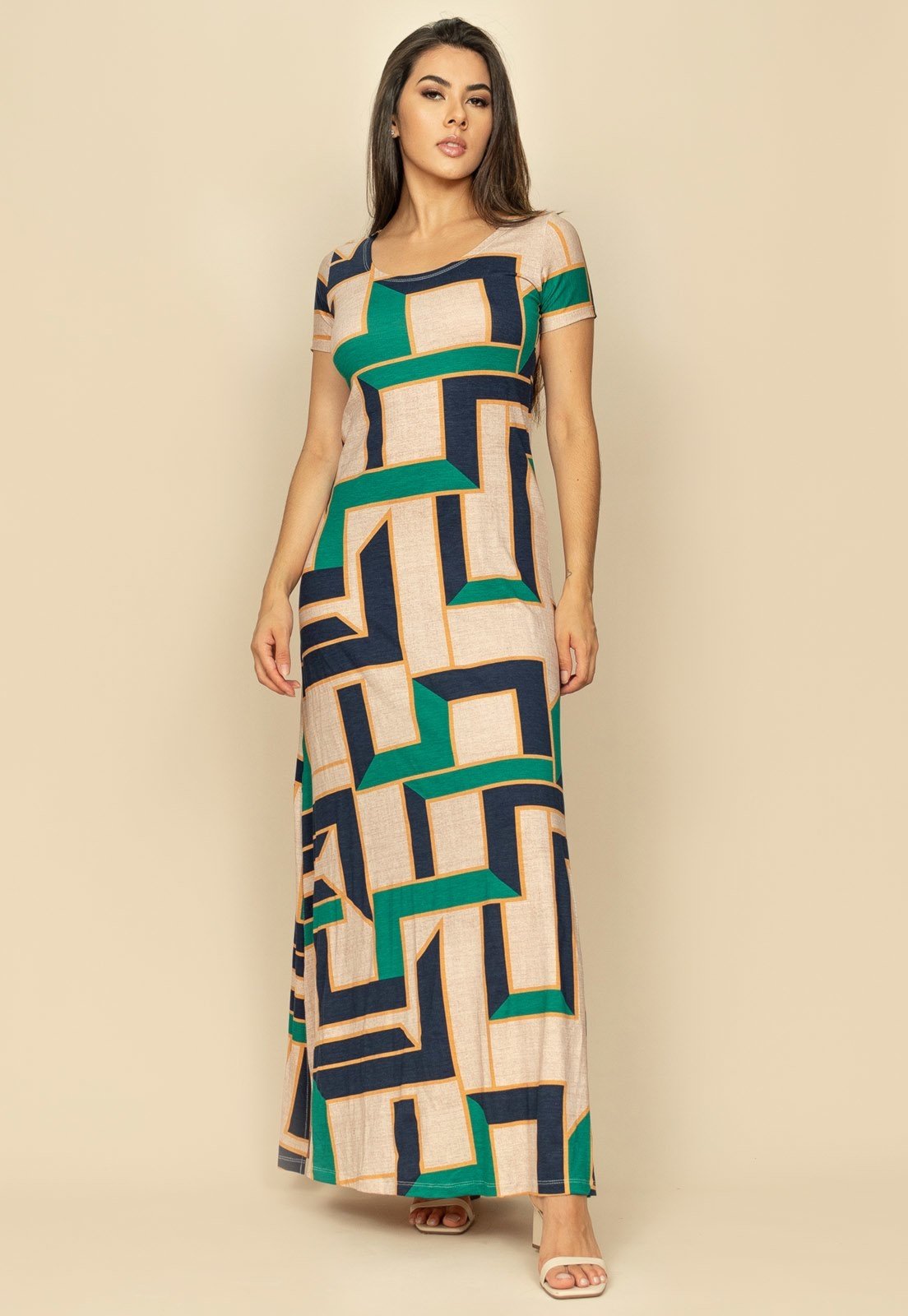 Vestido Longo Malha Gola Canoa Manga Curta Estampa Chapada de Areia