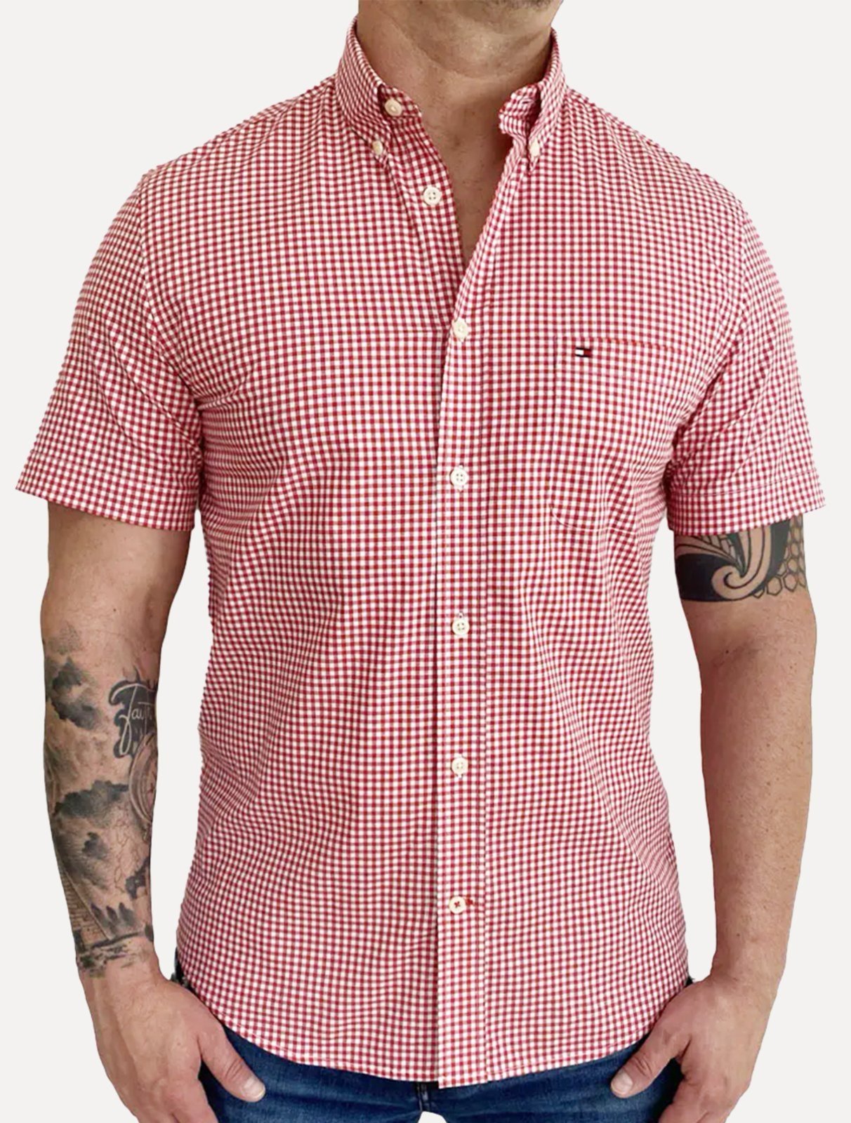 Camisa Tommy Hilfiger Masculina Manga Curta Xadrez Gingham Branca/Vermelha