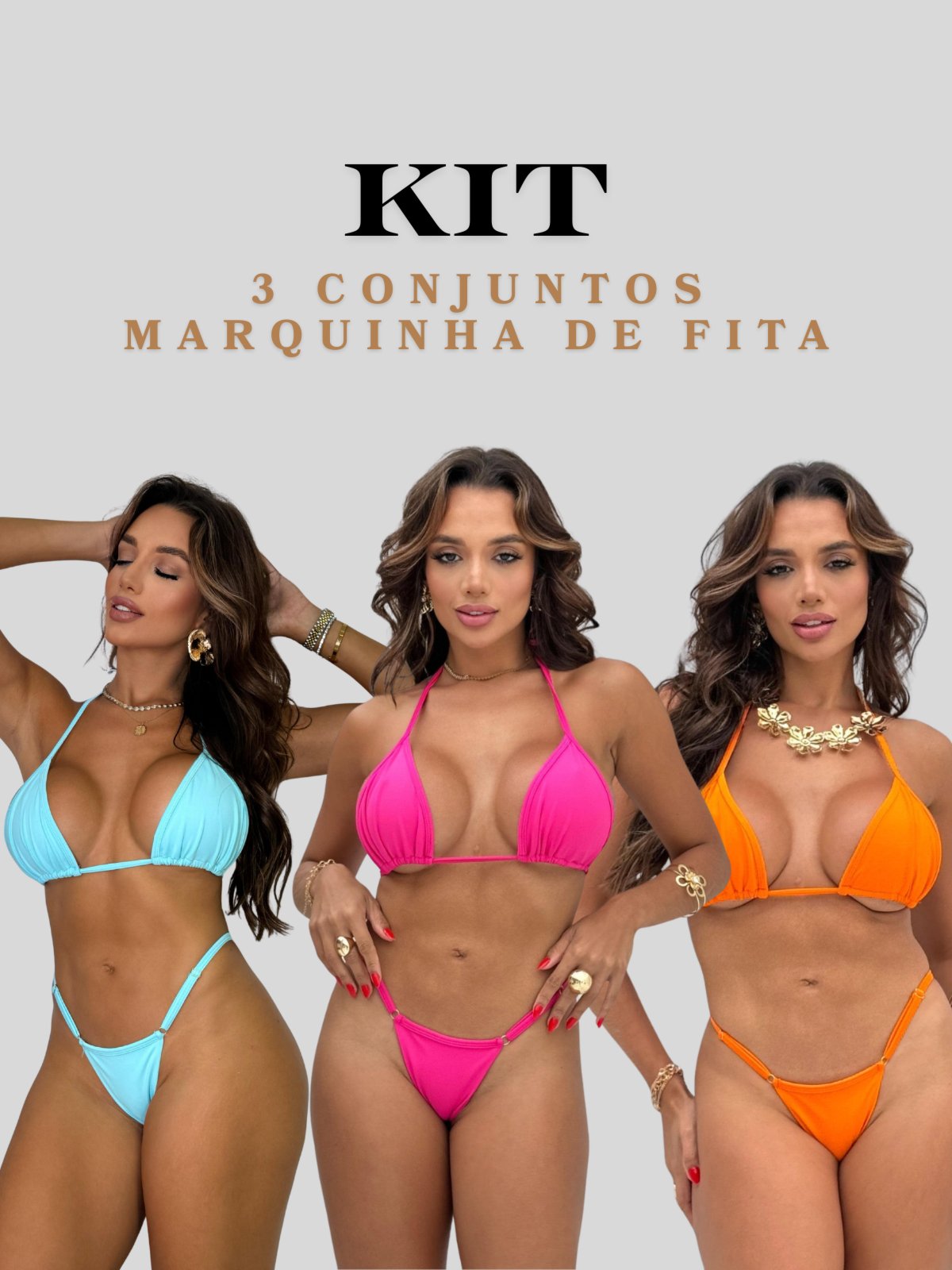 Kit Com 3 Conjuntos Biquíni Marquinha De Fita Com Calcinha Dupla de Regulagem e Top Cortininha