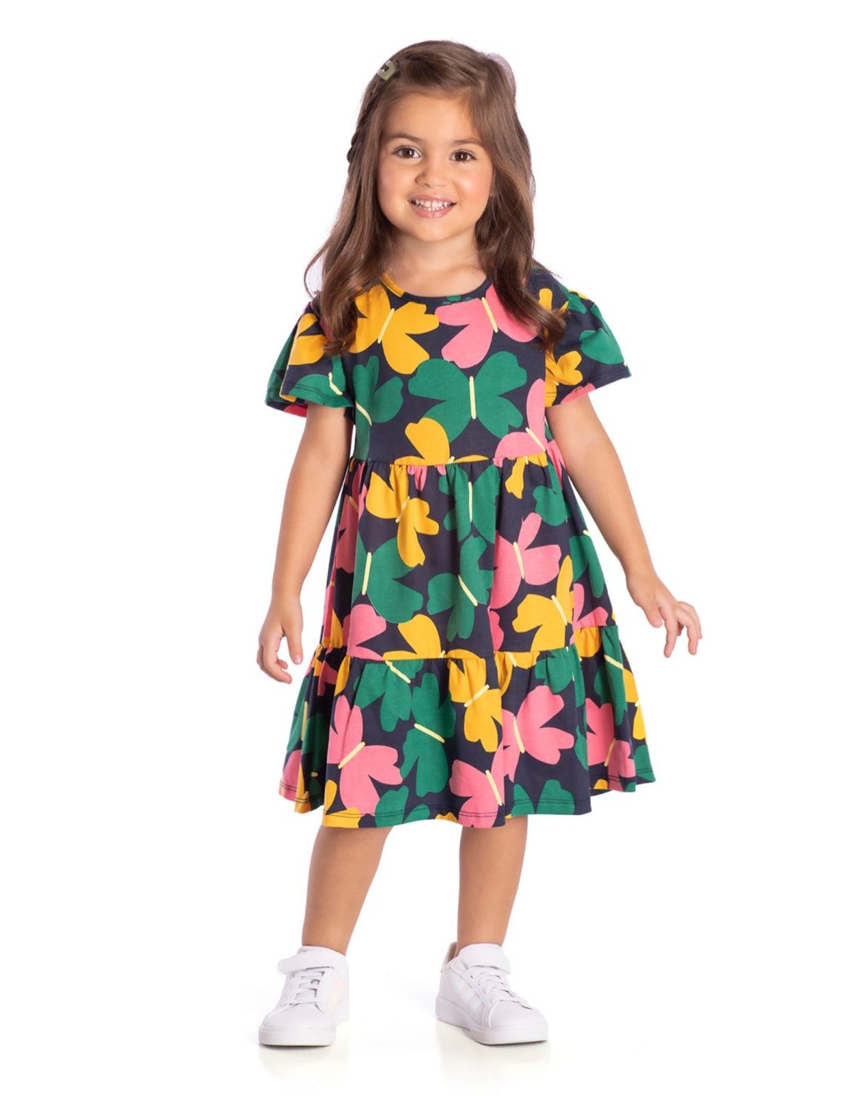 Infantil - Vestido manga curta malha borboletas coloridas