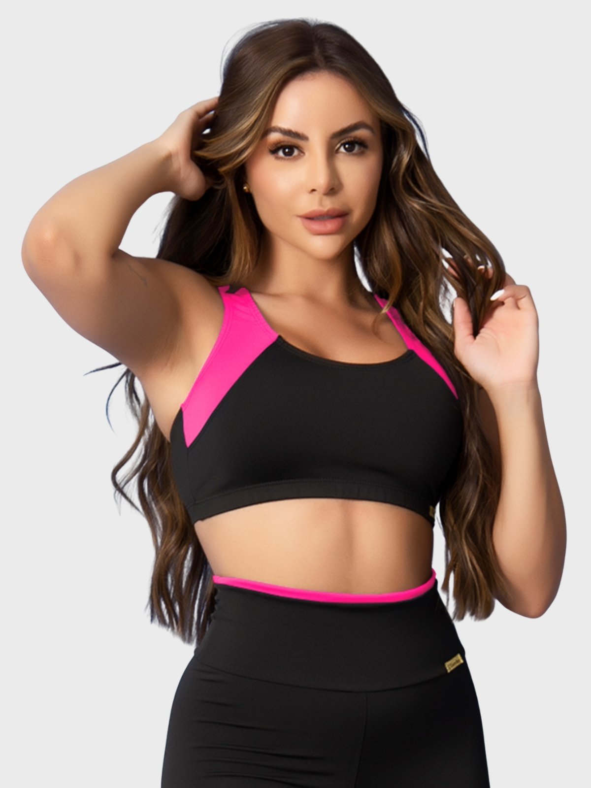 Top Fitness Tarelles Alça Larga Forrado Preto e Rosa Neon