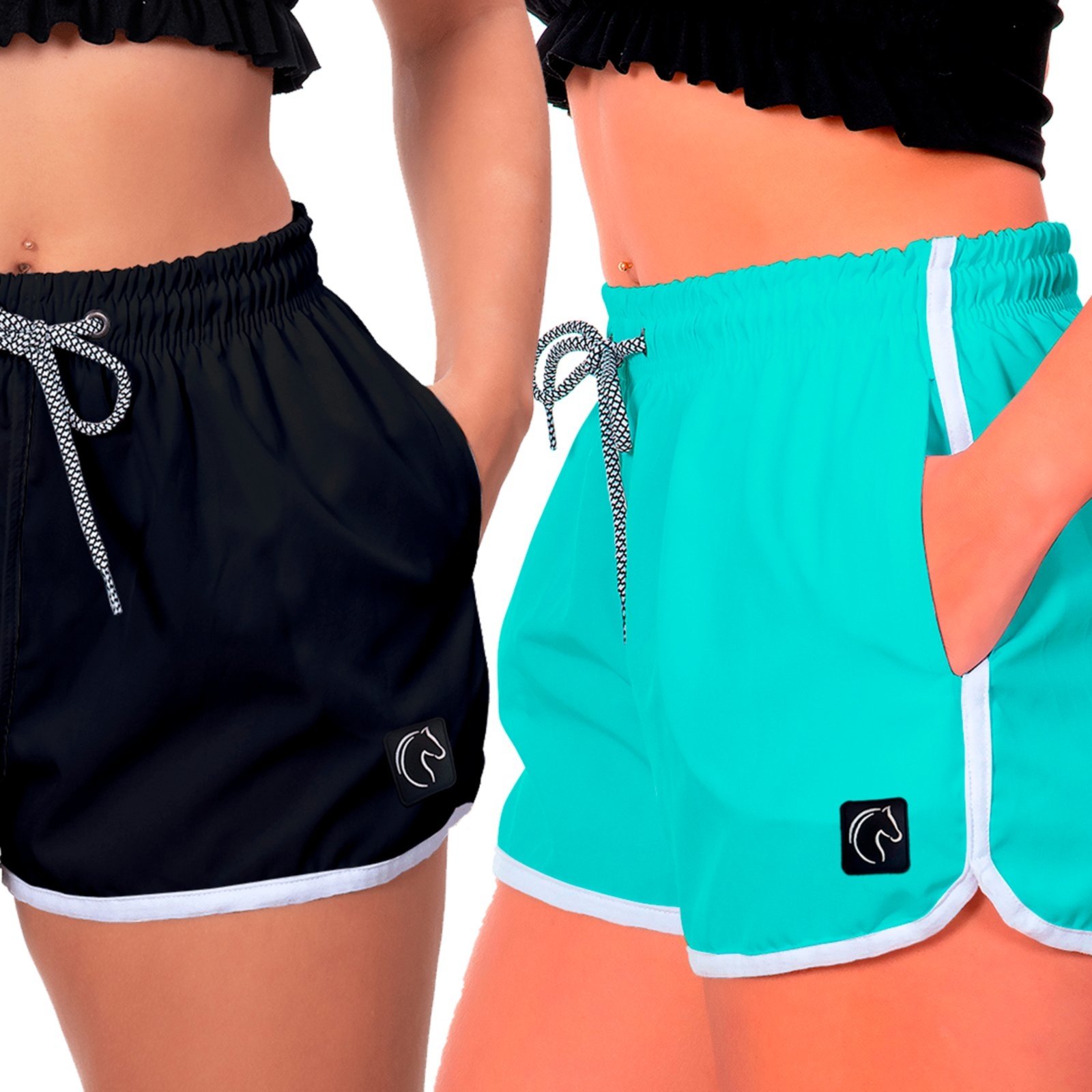 Kit 2 Shorts Feminino Premium Secagem Rápida com Elástico Cordão Ajustável e Bolsos Moda Praia Casual ou Treino Academia Preto e Azul