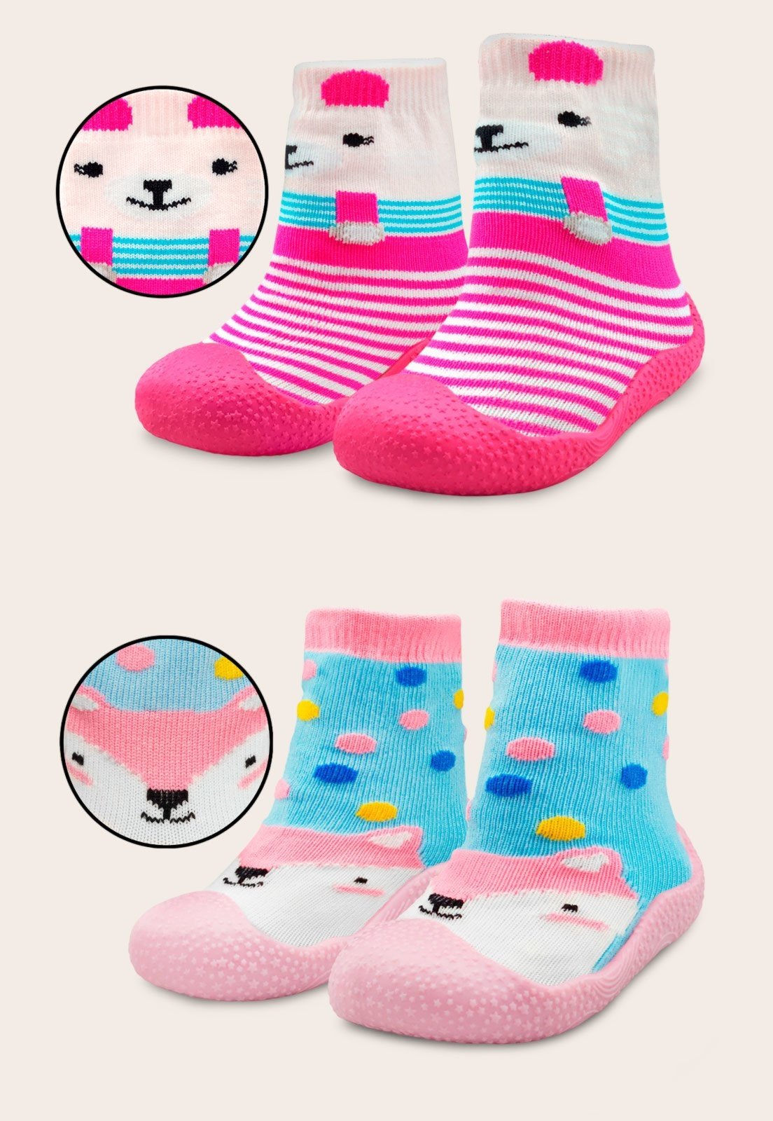 Infantil – Kit 2 Pares De Meia Com Sola Antiderrapante Menina Rosa/Pink Mzkid