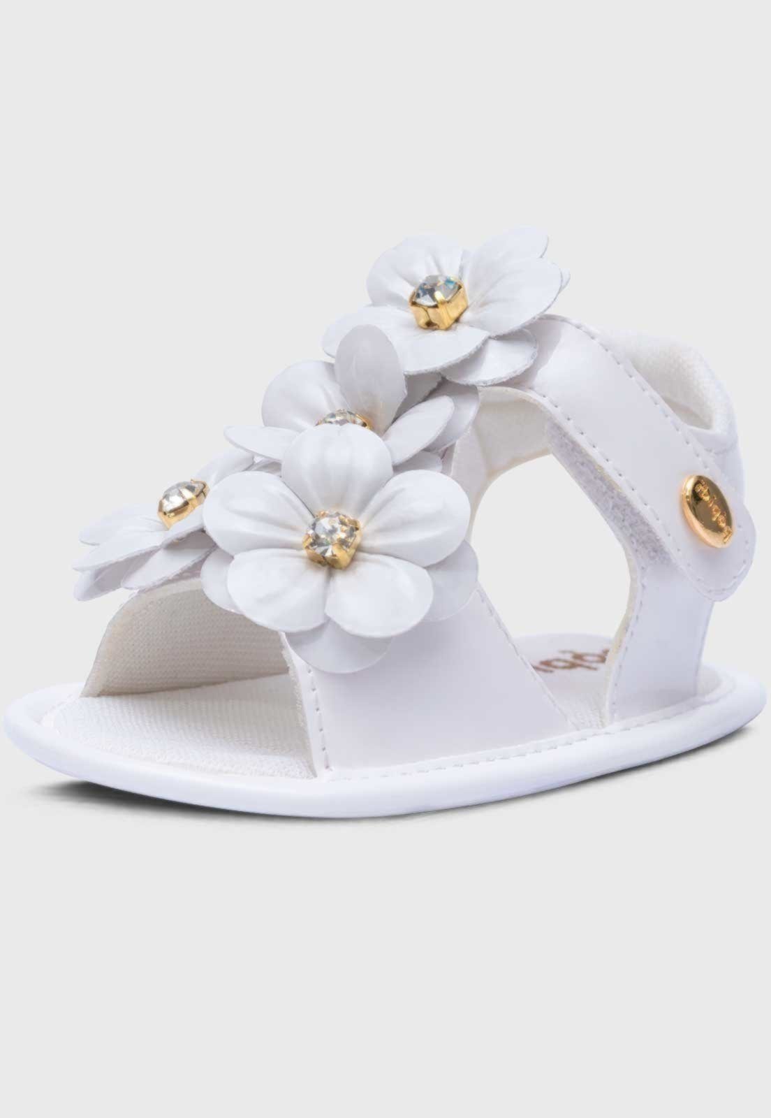Infantil - Sandalia Popidi Menina Recem-Nascido Flores Branco