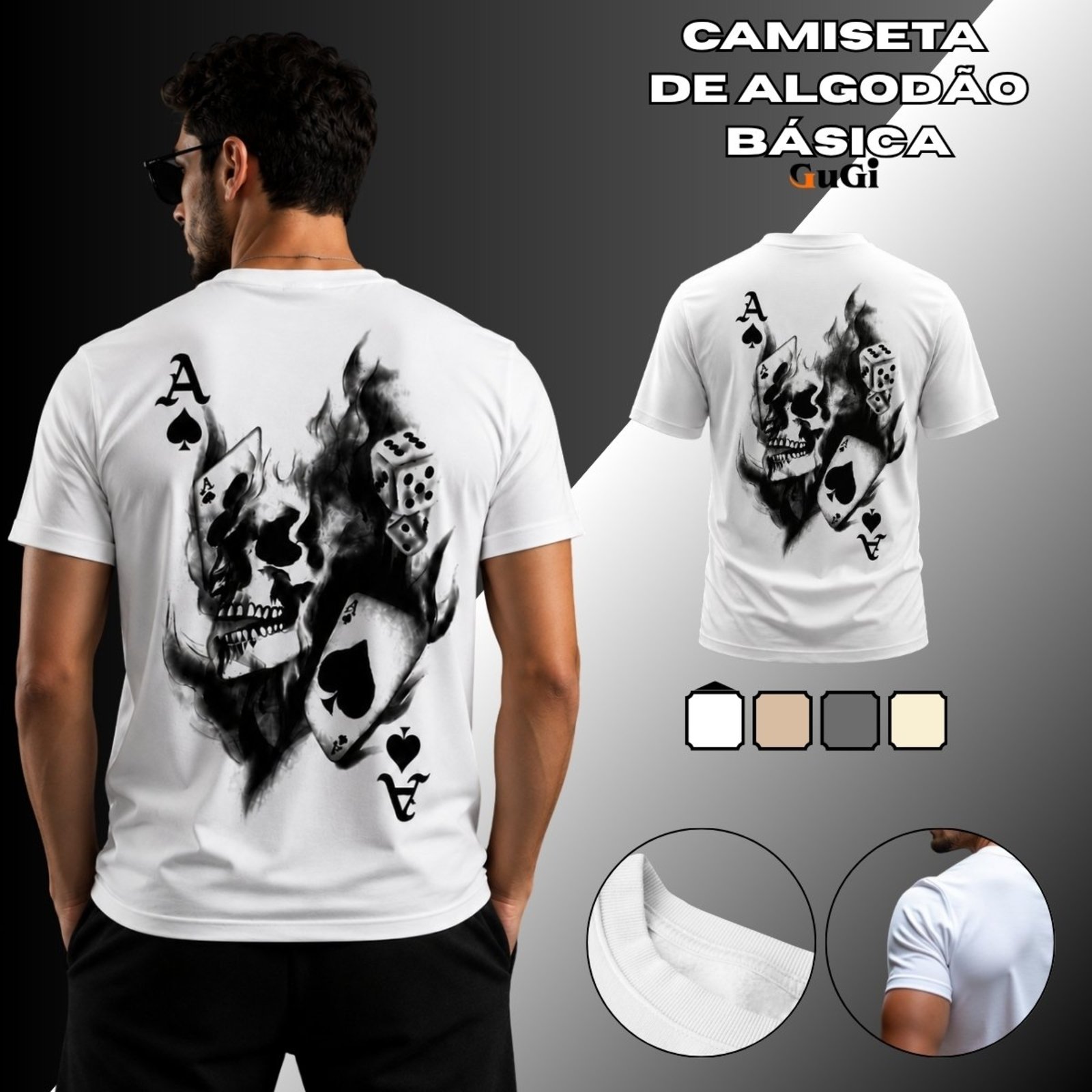 Camiseta Masculina Caveira Cartas 100% Algodão Branco