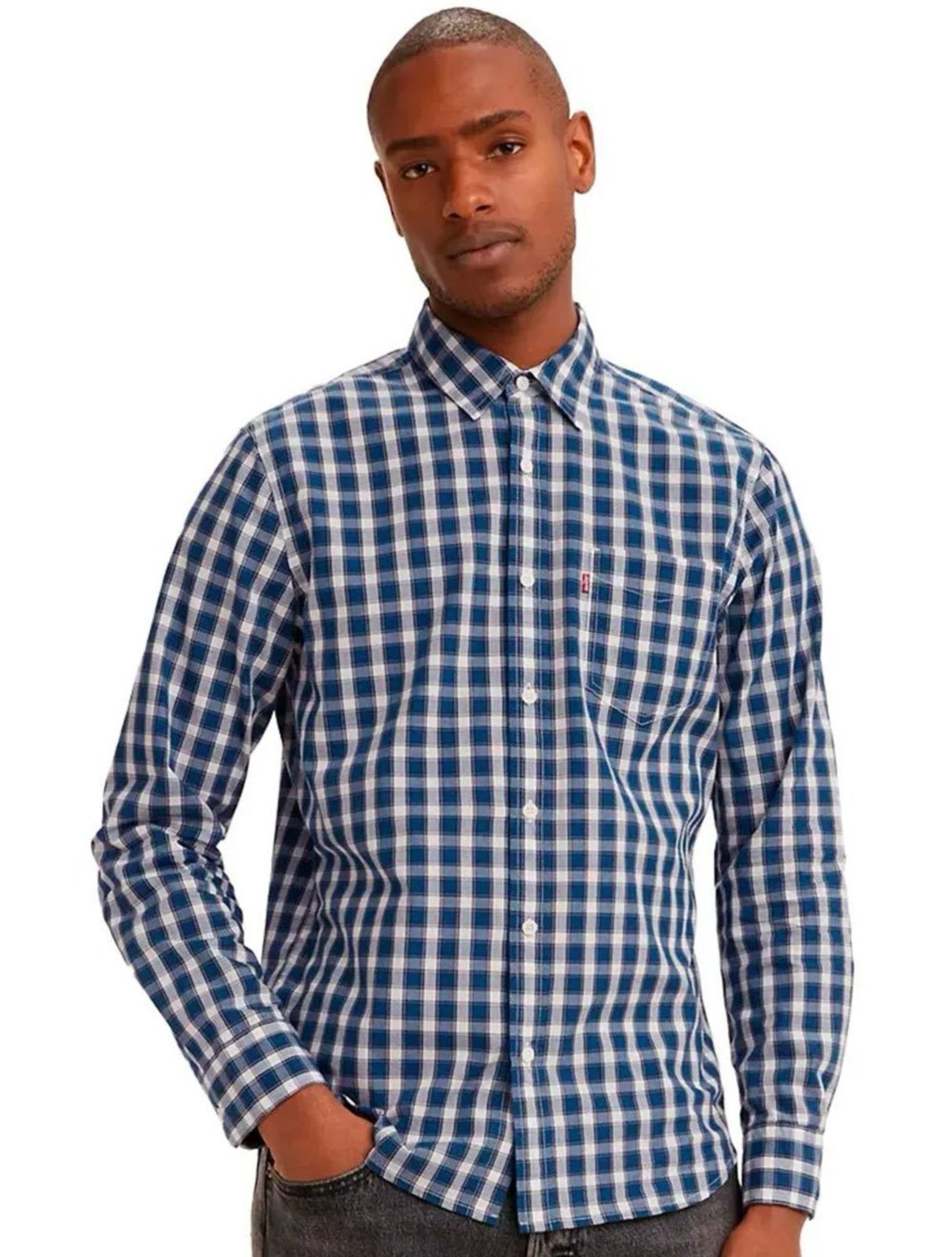 Camisa Levis Classic One Pocket Xadrez Azul e Branca