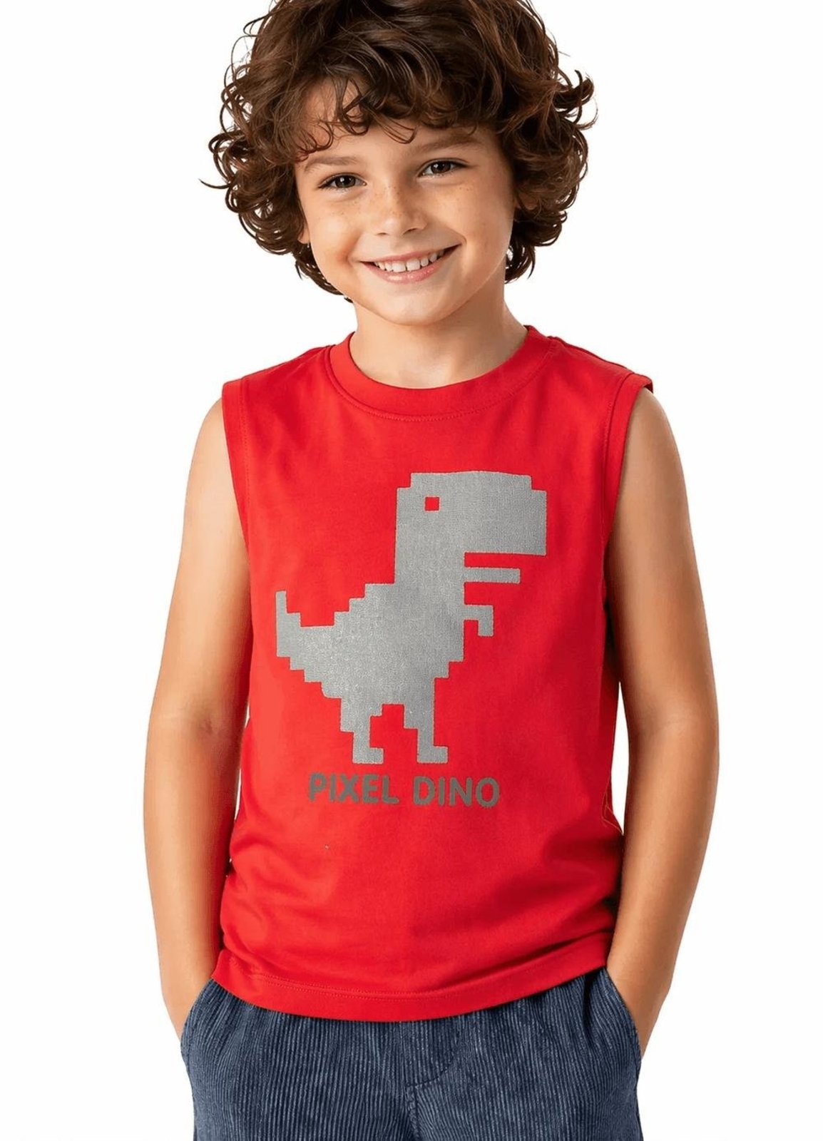 Infantil - Regata Menino Pixel Dino Alphabeto Goiaba Vermelho
