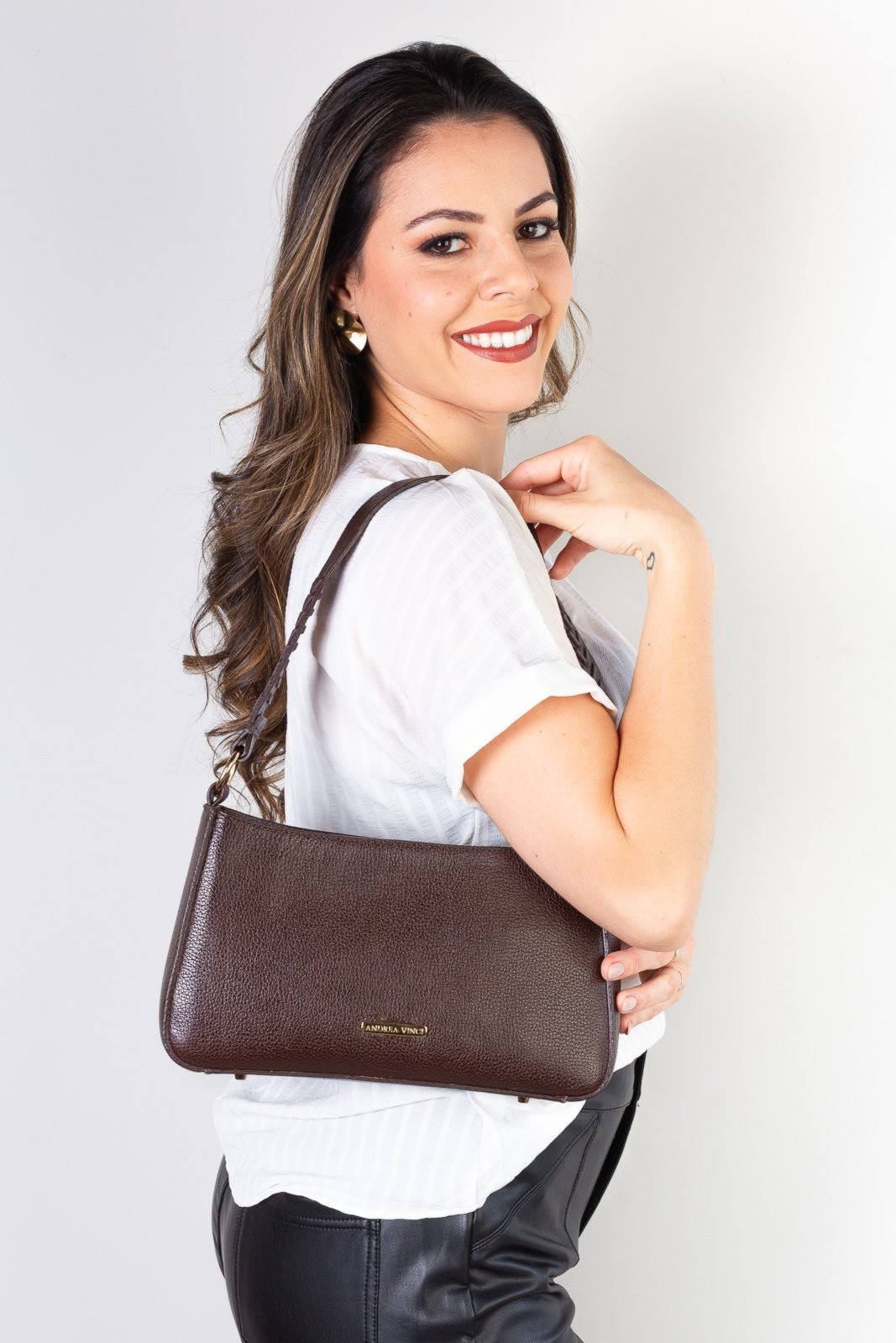 Vista 3 Bolsa de ombro em couro liso baguete Liah - Café vermelho vermelho