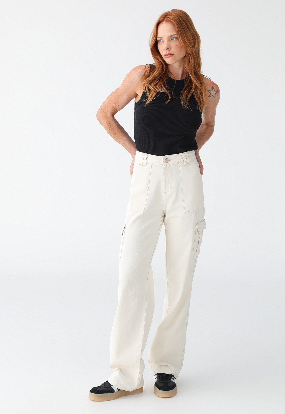Calça HNO Jeans Cargo Em Sarja Moda Off White