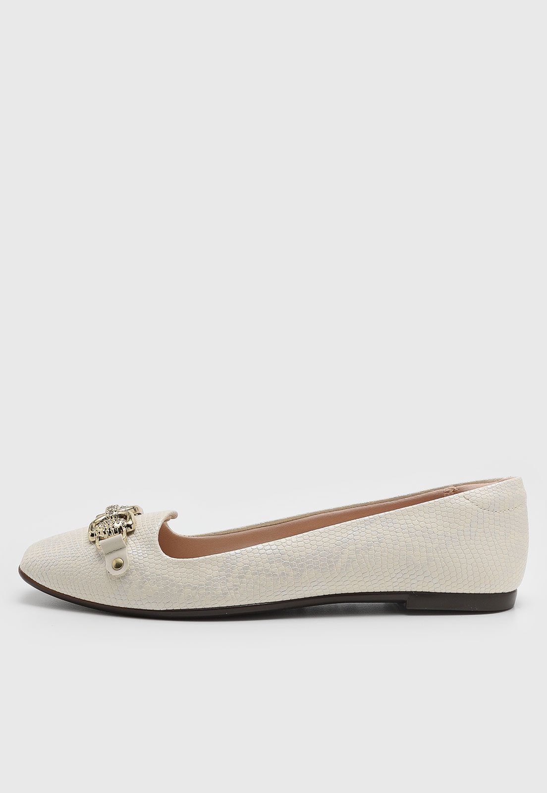 Sapatilha Feminina Moleca Bico Quadrado Detalhe Dourado Off-White