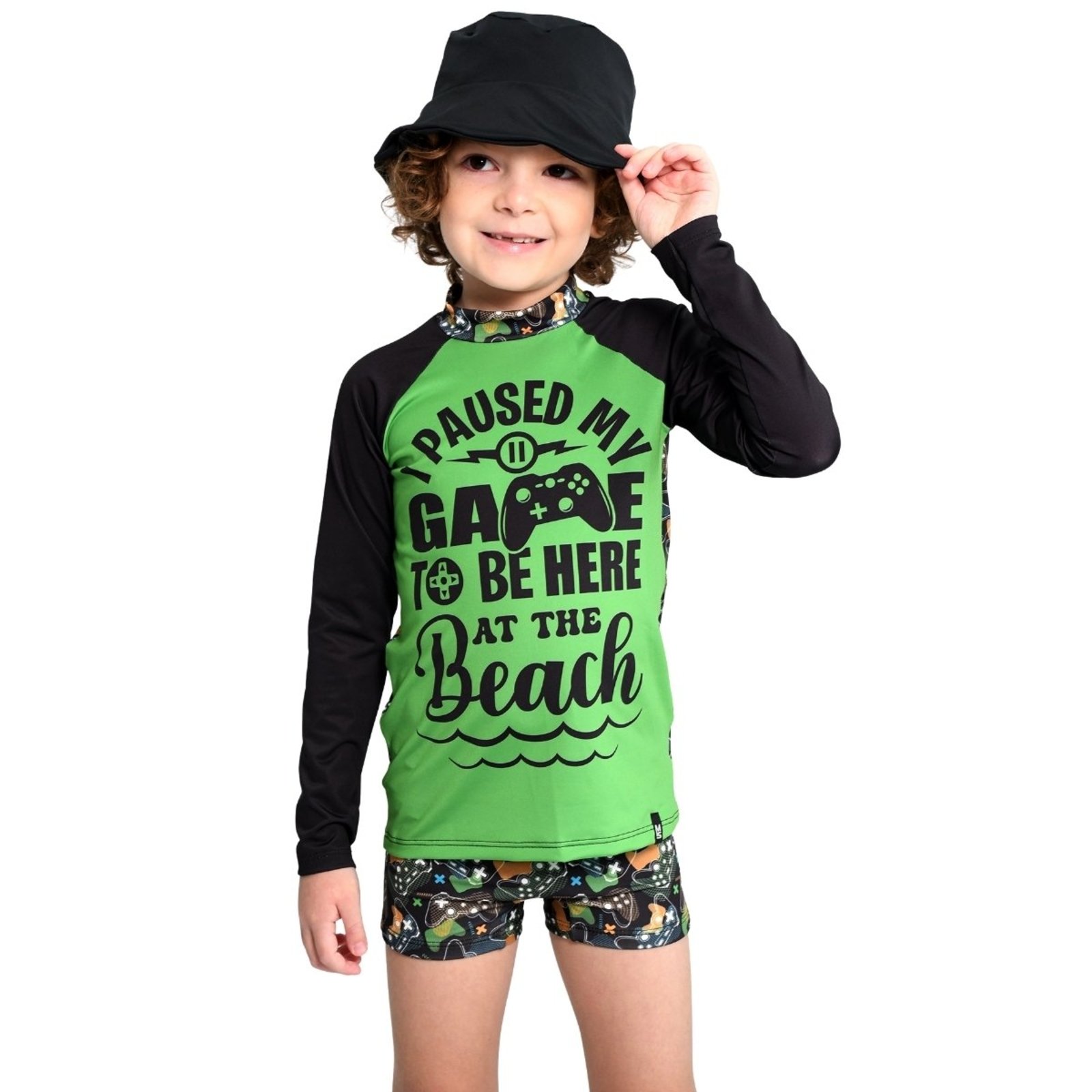 Conjunto Blusa e Sunga Boxer Menino Proteção UV FPS 50+ Marujos E Sereias Escrita Verde