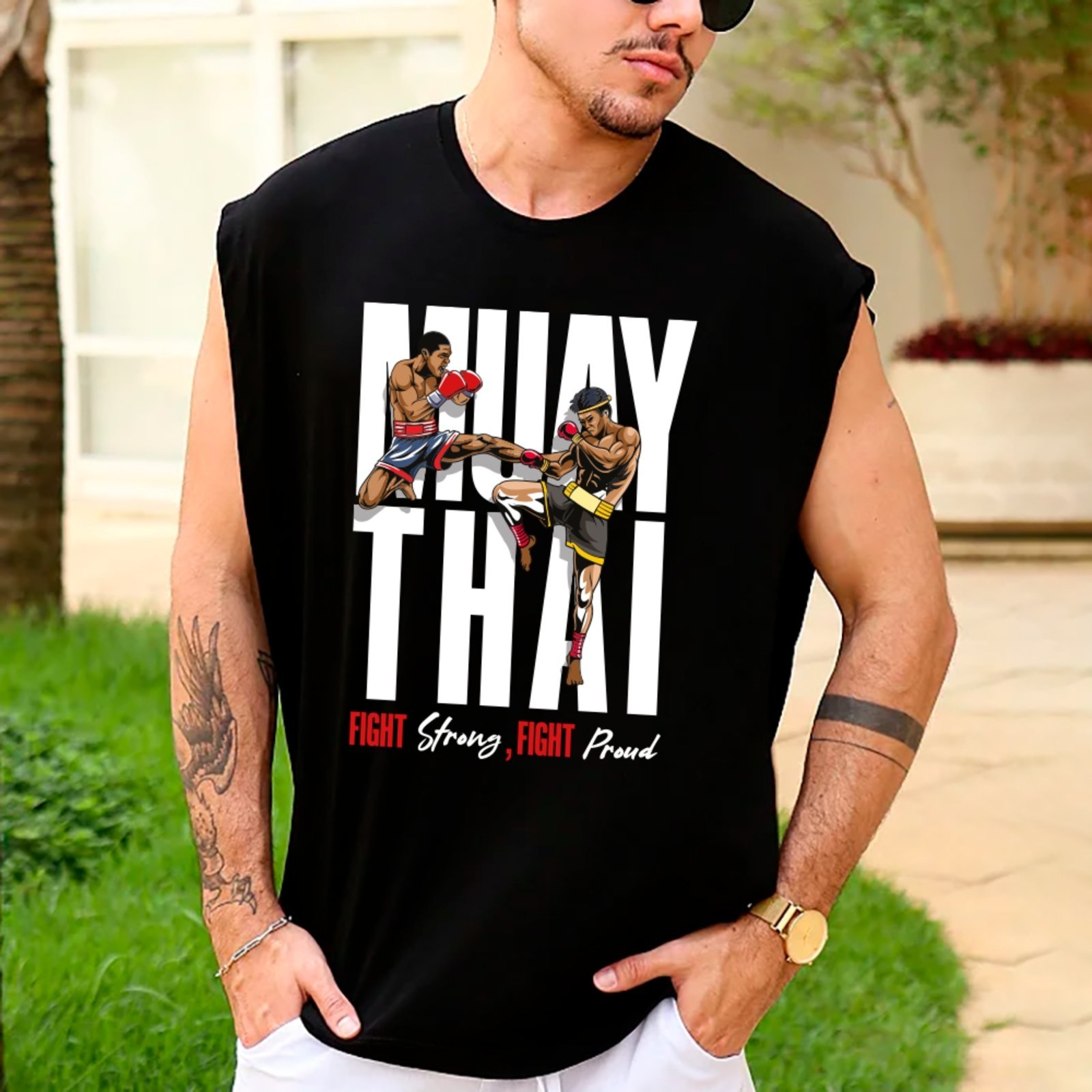 Camiseta Regata Machão Ousy Muay Thai Fight Strong Oversized Masculina Preto