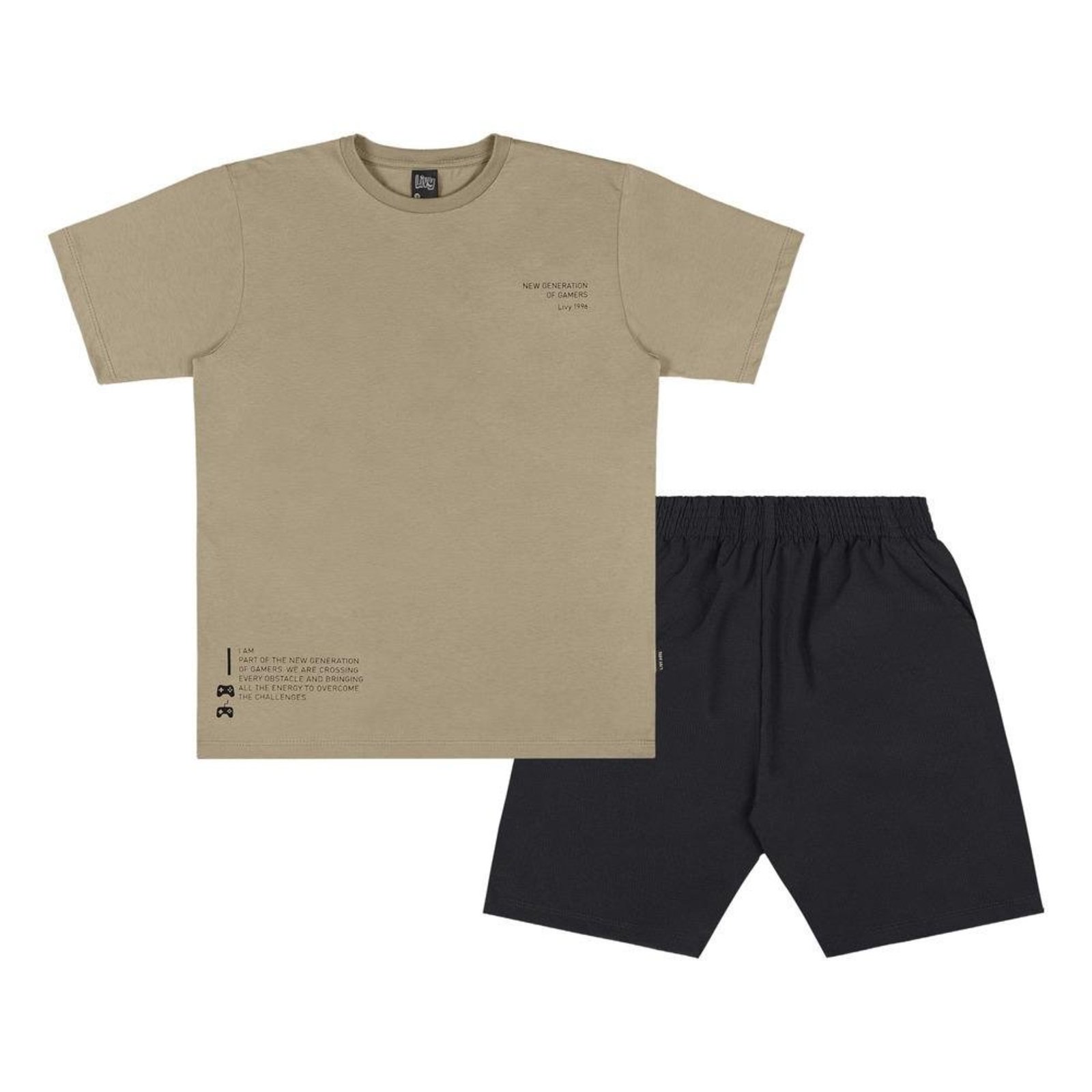 Infantil - Conjunto Camiseta Bermuda Livy Gamer Bege Preto 12 Preto