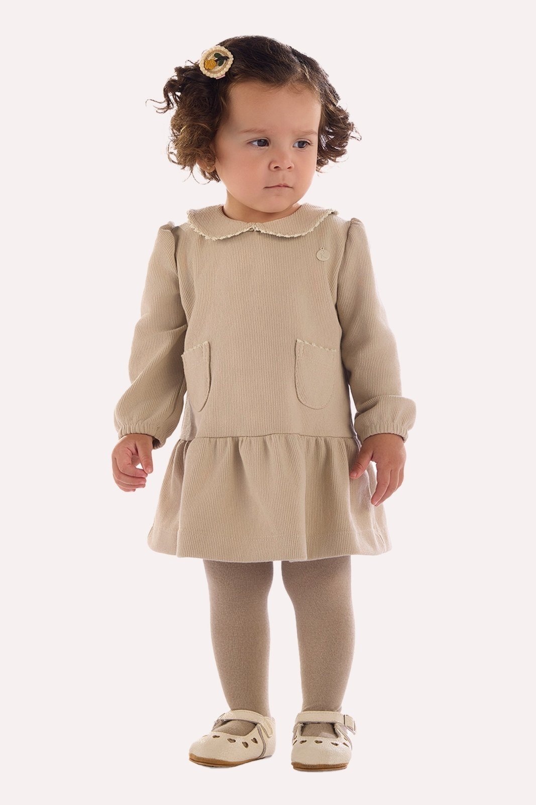 Infantil - Vestido Areia em Malha Canelada com Gola Babador