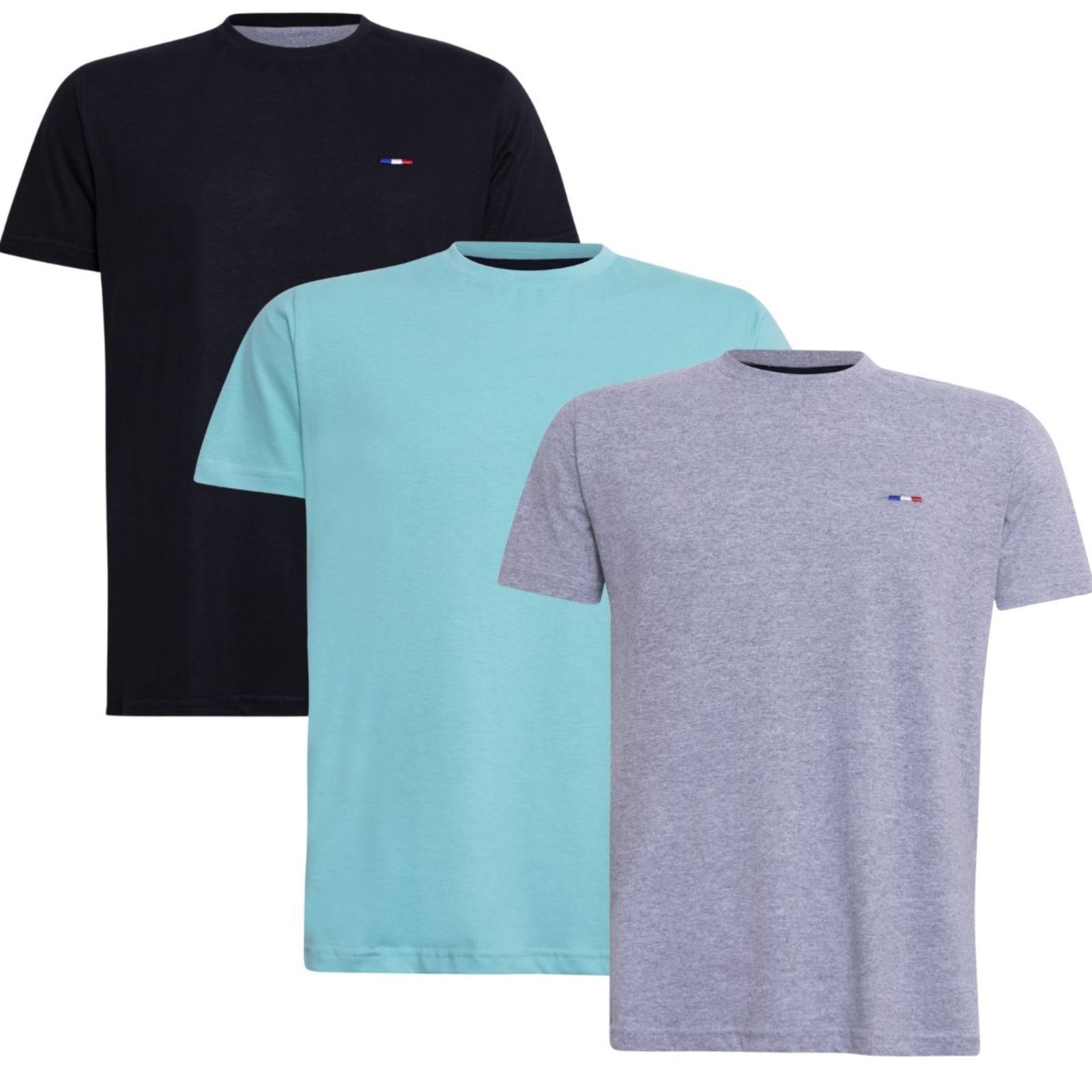 Kit 3 Peças Camisetas Básicas Masculina FMF Preto Azul e Cinza em Algodão Premium no Estilo Tommy Bordado França