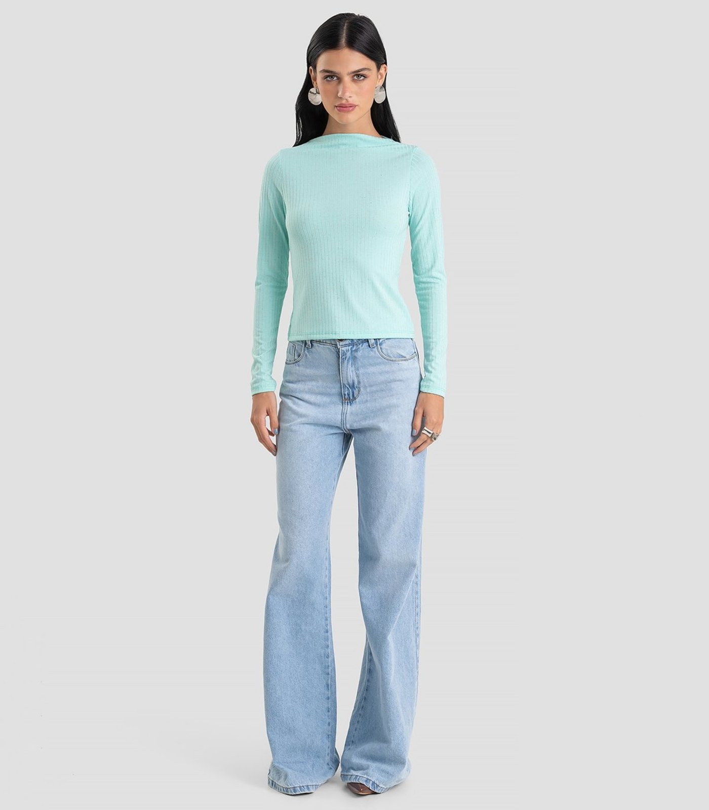 Blusa Feminina Manga Longa Canelada Dianna Azul