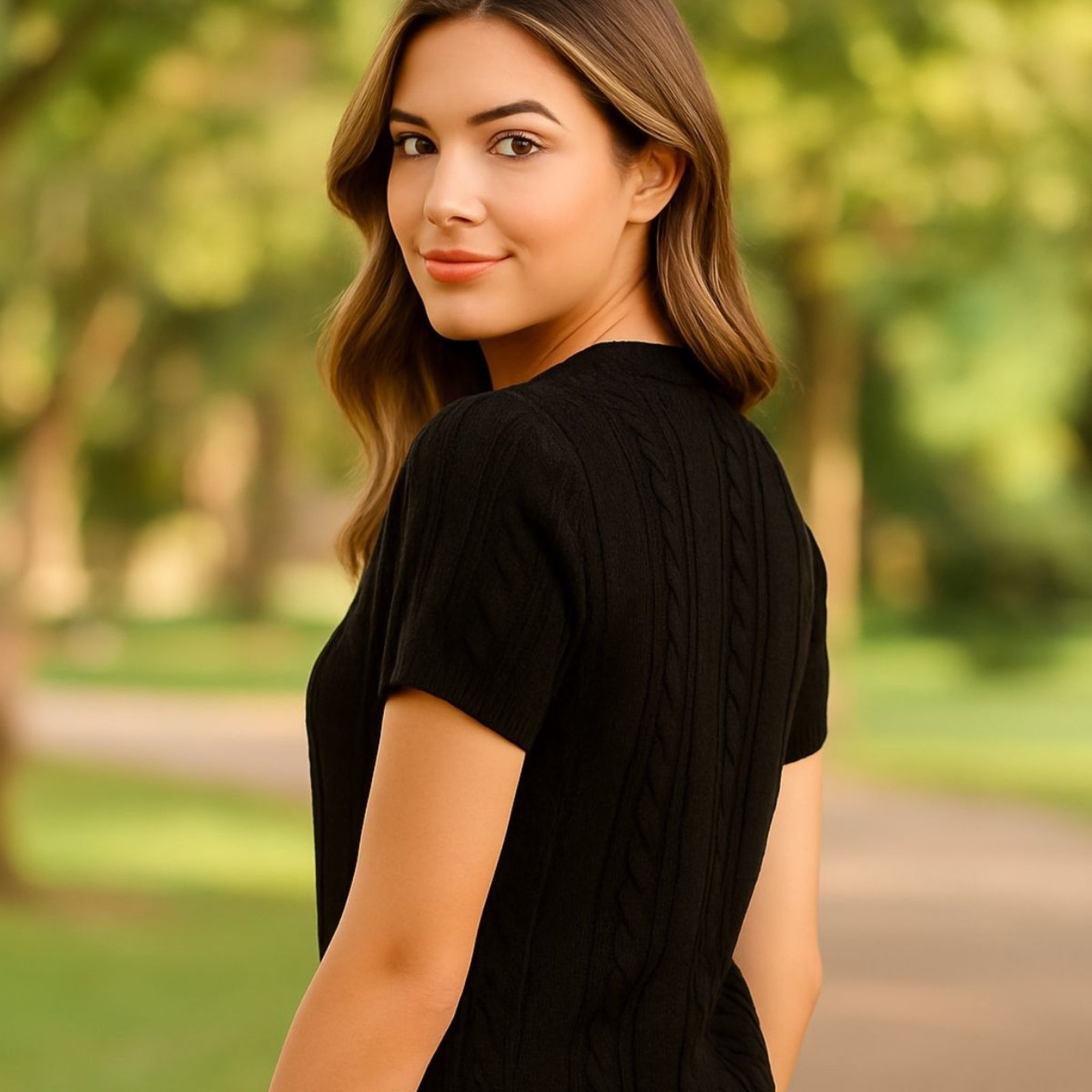 Blusa FMF Feminina Preto Tricô Manga Curta Canelada Trama Trançada