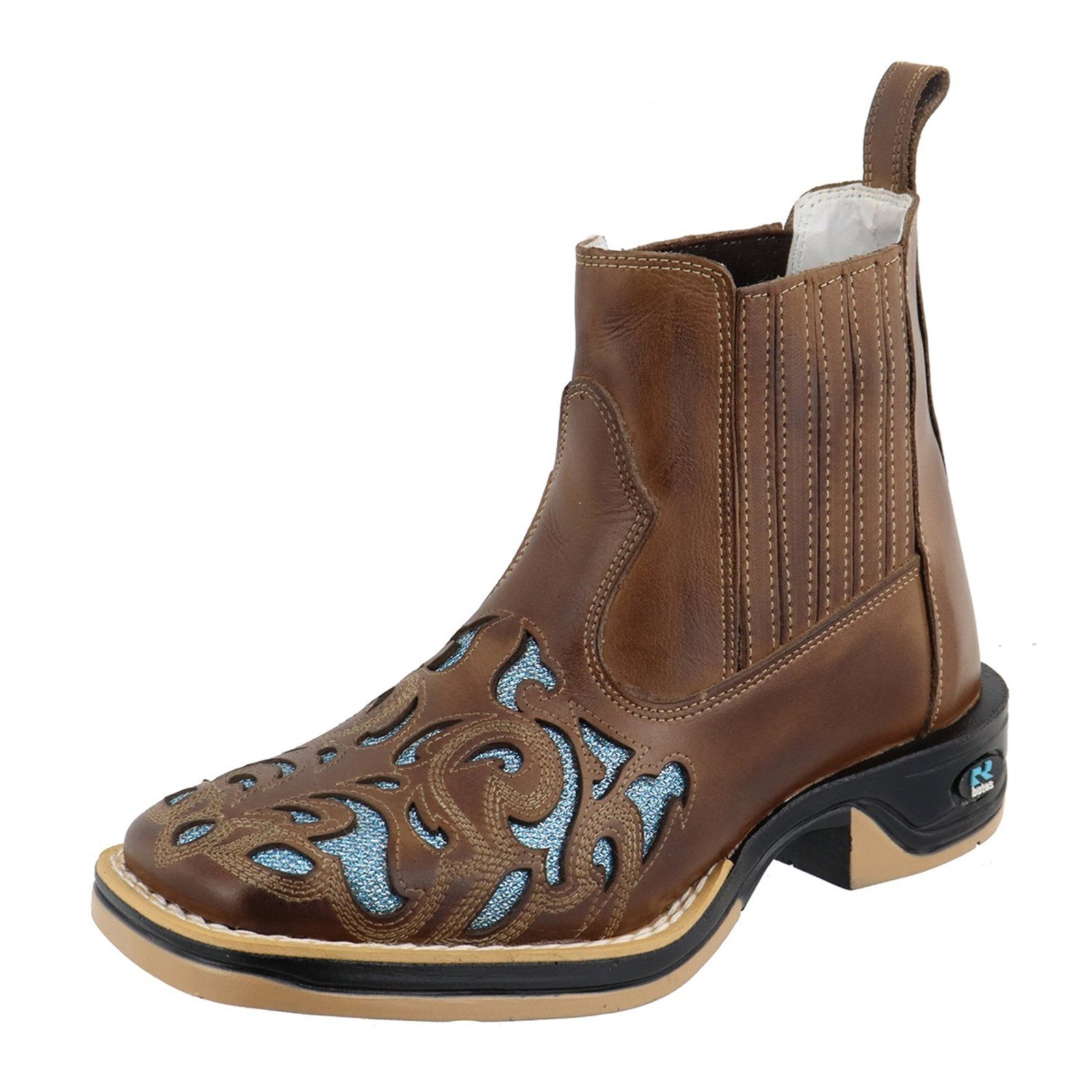 Bota Botina Feminina RR Botas Rodeio Country Couro Detalhe Laser Bico Quadrado Confortável Marrom