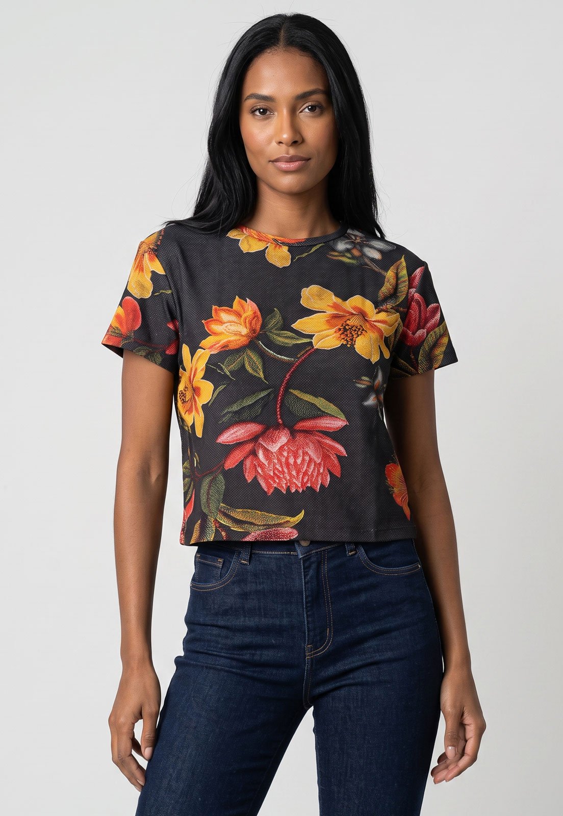Blusa Feminina Lez a Lez Decote Redondo Estampa Floral Preta