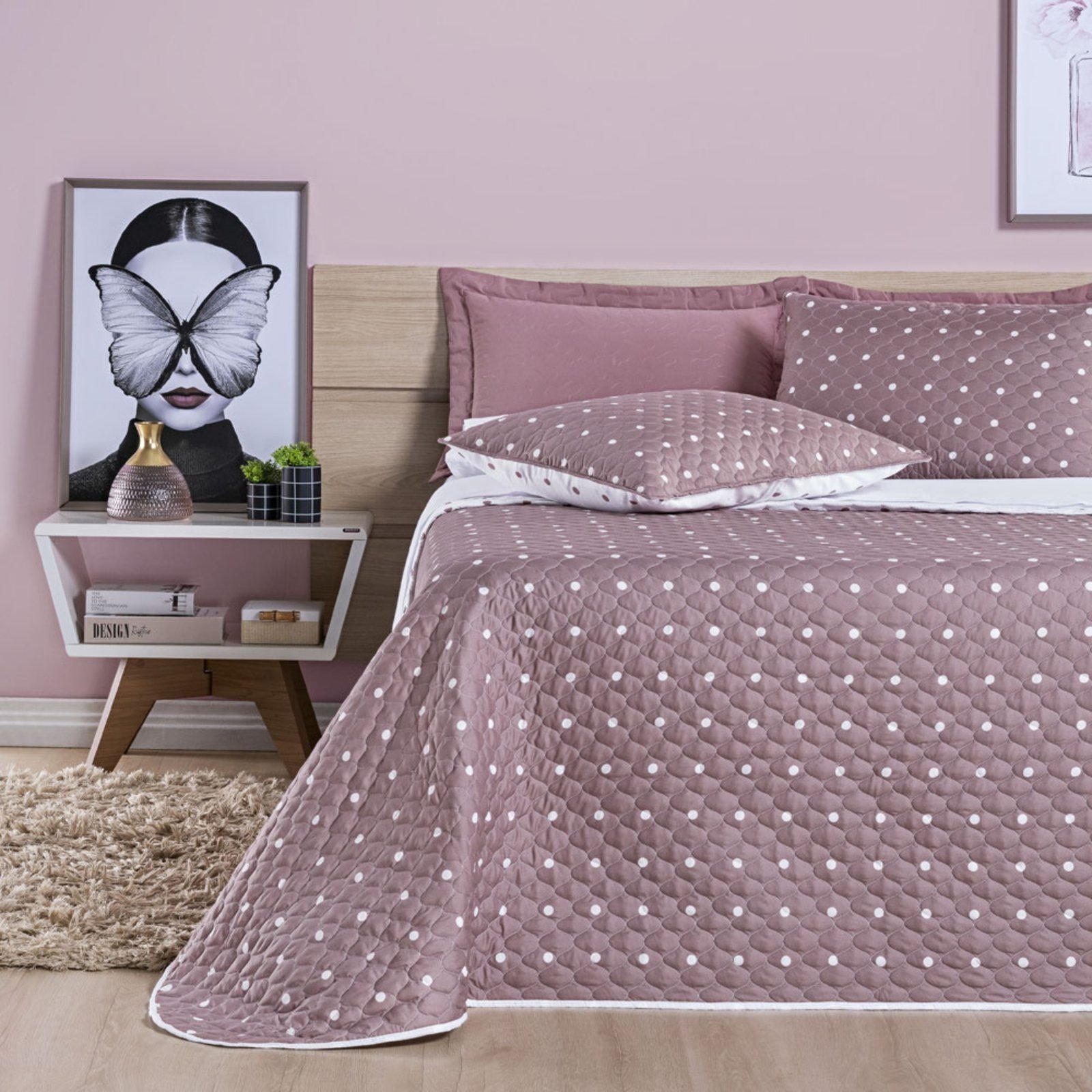 Kit Cobre Leito Colcha Casa Scarpa Meggy Poá Queen Dupla Face Micropercal 200 Fios 3 Peças - Rosê