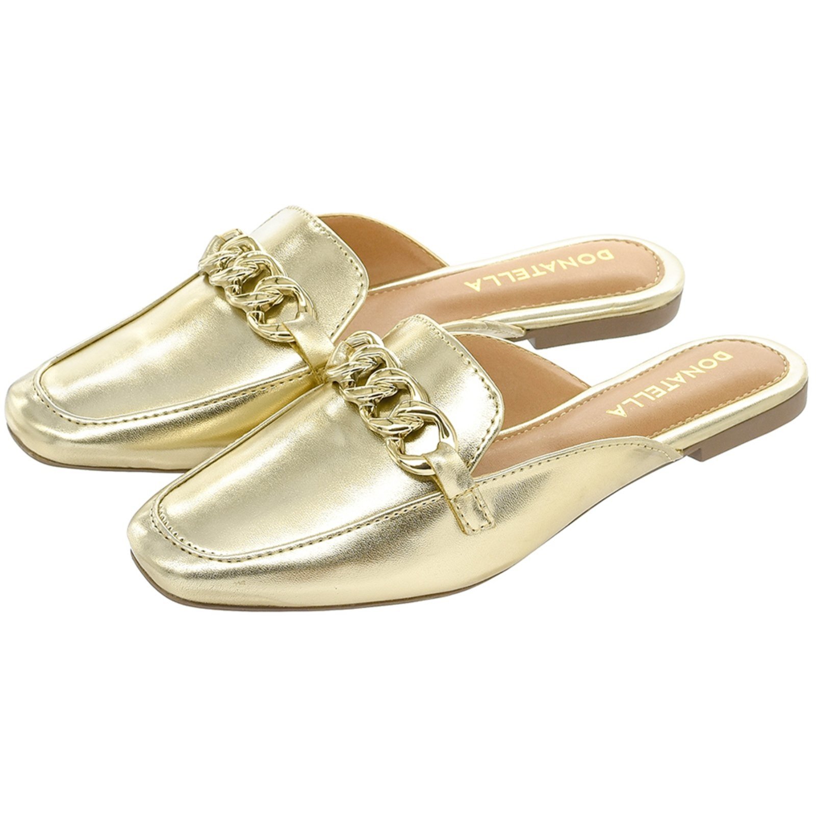 Vista 2 Sapato Mule Feminino CM Calçados Bico Quadrado Confort Metalizado Corrente Ouro Light Monte Shoes dourado Monte Shoes dourado