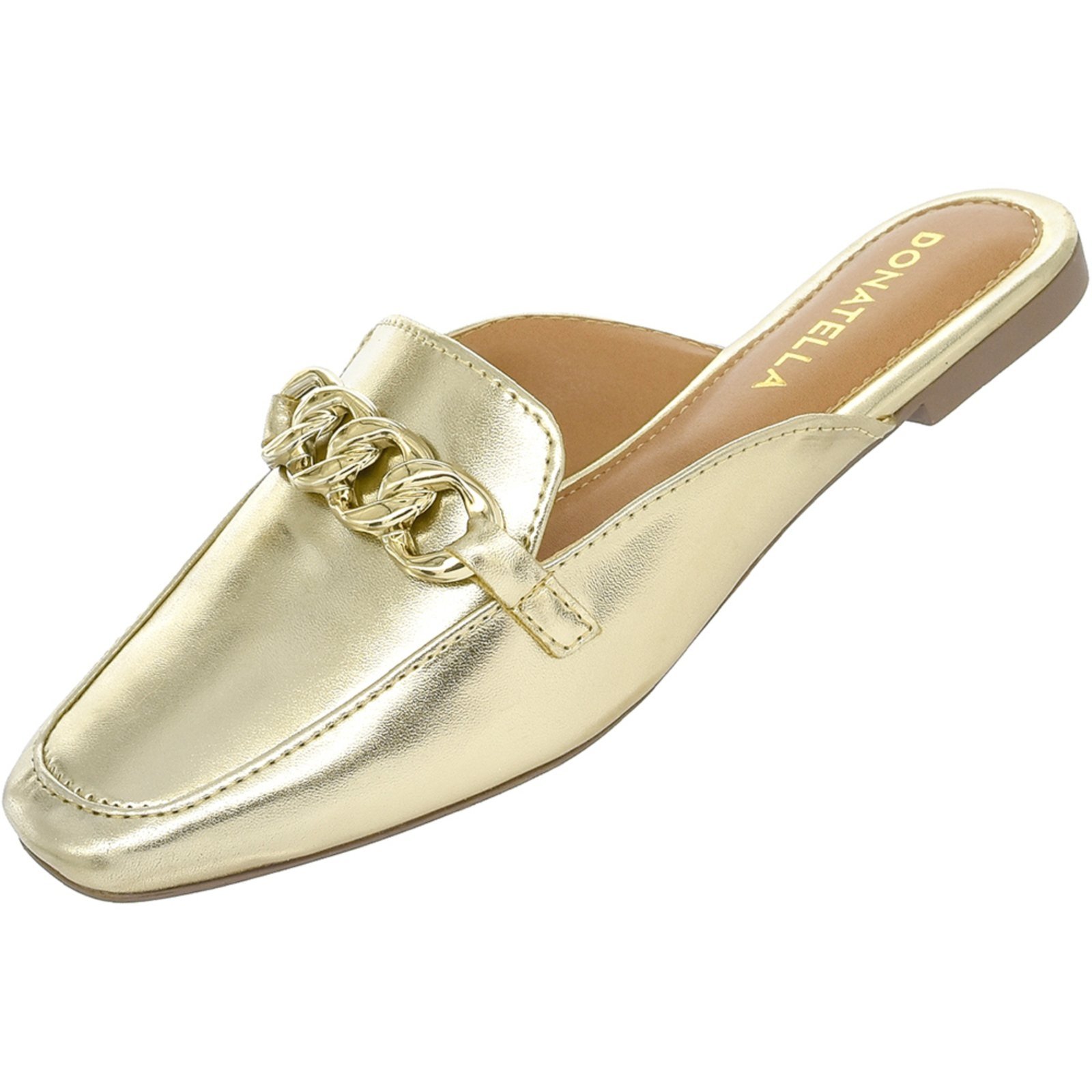 Vista 3 Sapato Mule Feminino CM Calçados Bico Quadrado Confort Metalizado Corrente Ouro Light Monte Shoes dourado Monte Shoes dourado