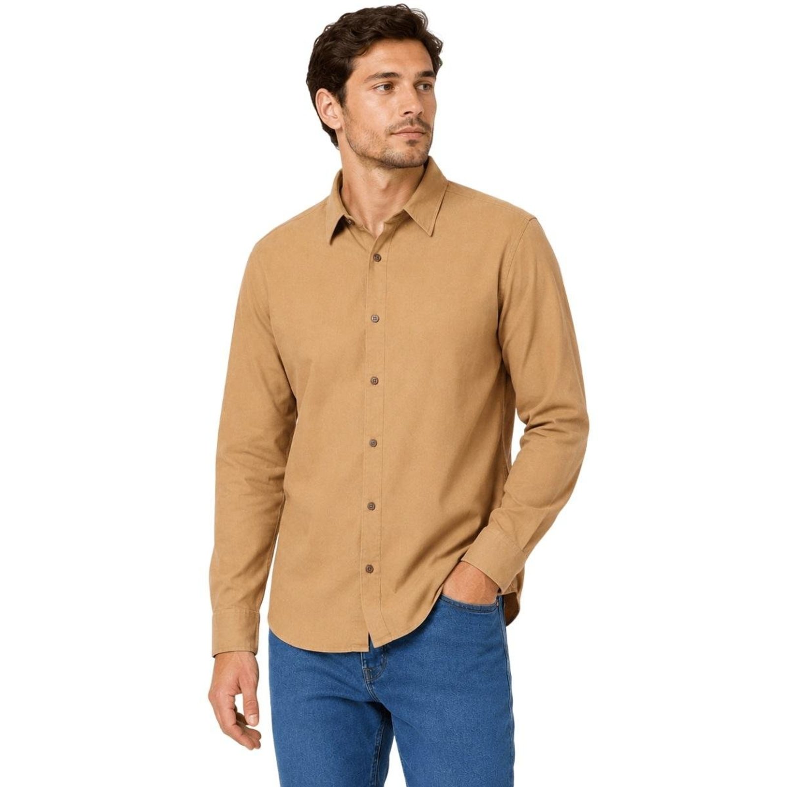 Camisa Linho Manga Longa Slim Masculina Max Denim 12352 Bege